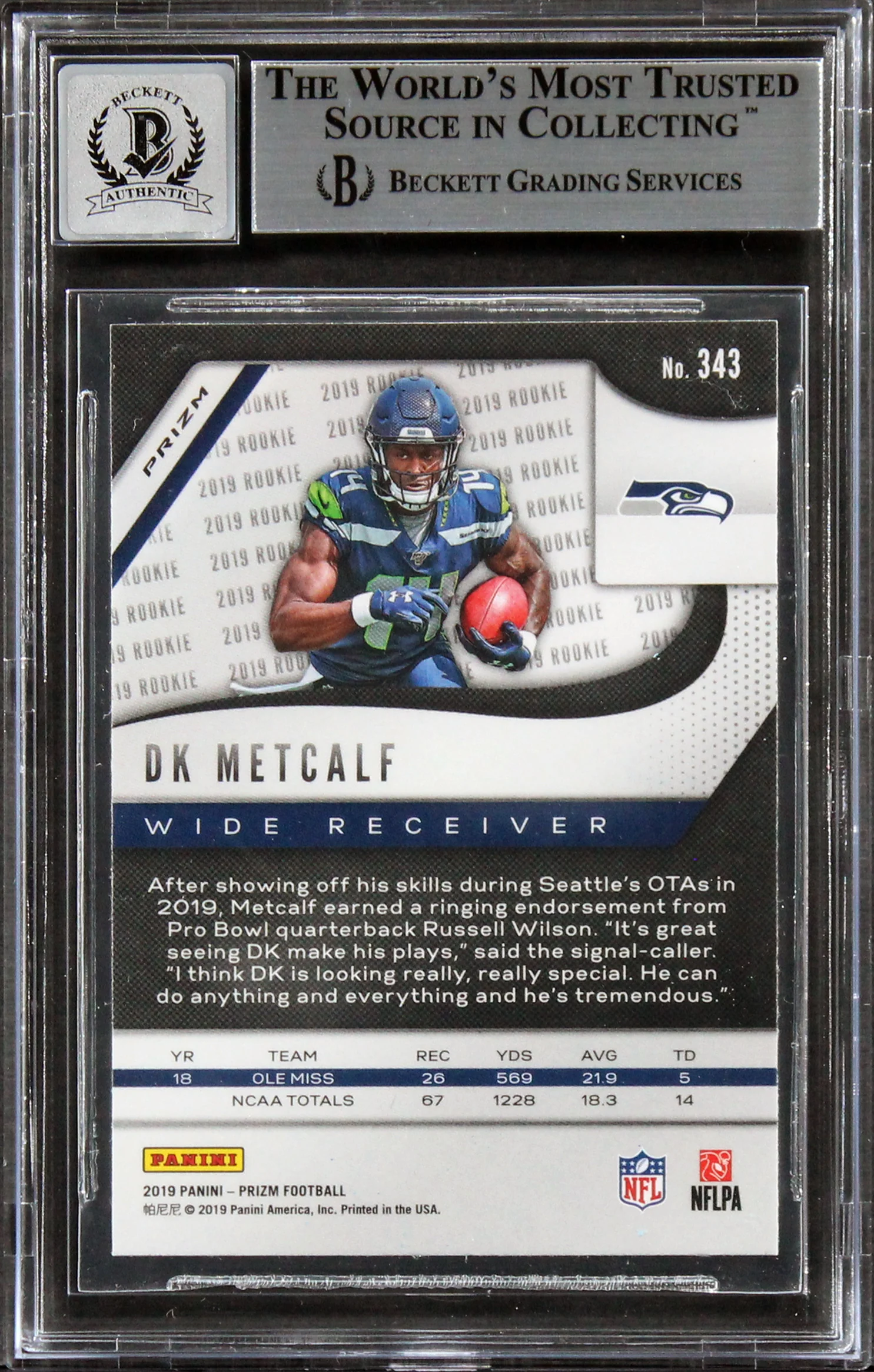 Seahawks DK Metcalf Signed 2019 Panini Prizm RW&B #343 RC Auto 10! BAS Slabbed - Image 3