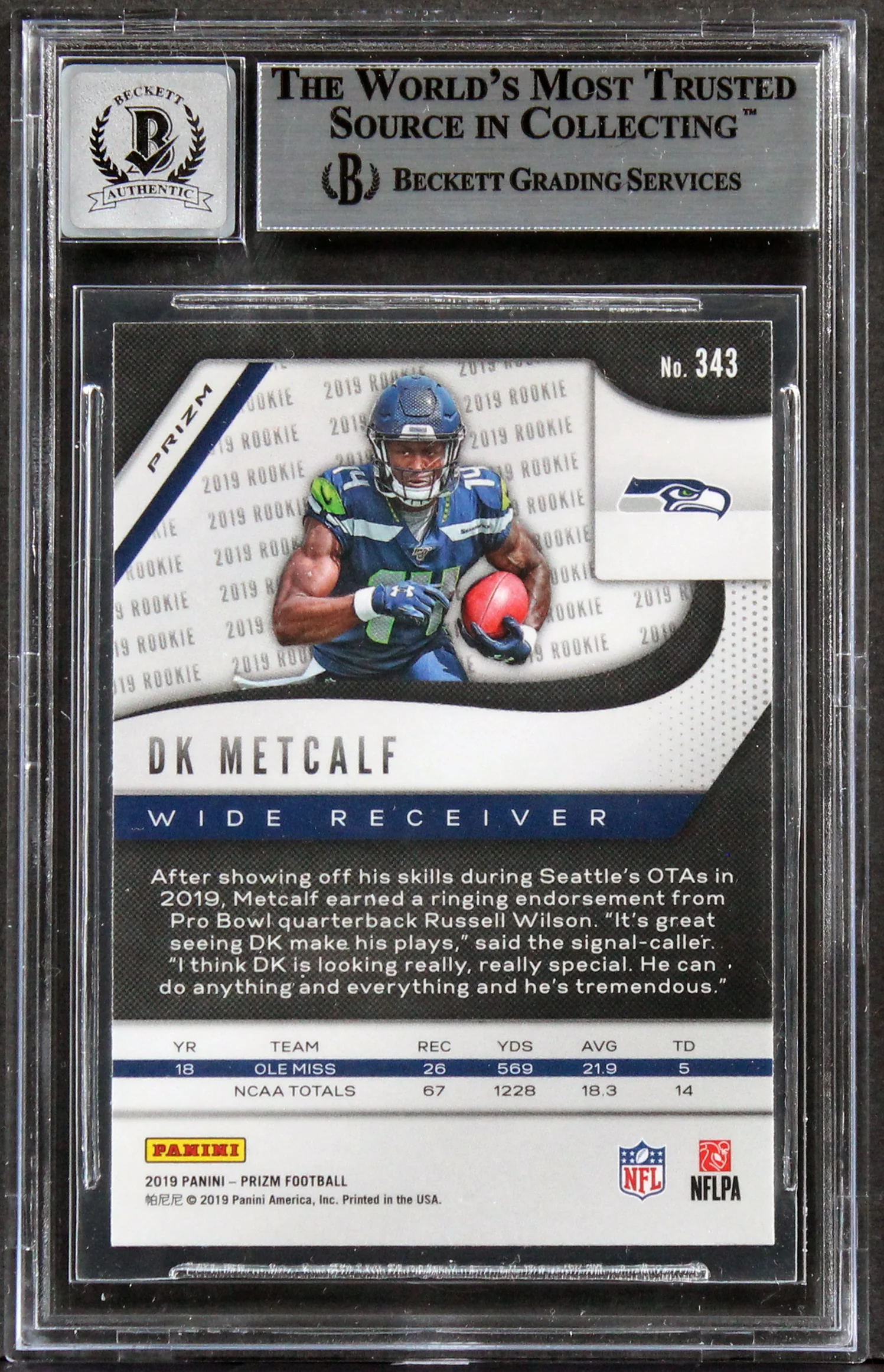 Seahawks DK Metcalf Signed 2019 Panini Prizm RW&B #343 RC Auto 10! BAS Slabbed - Image 3