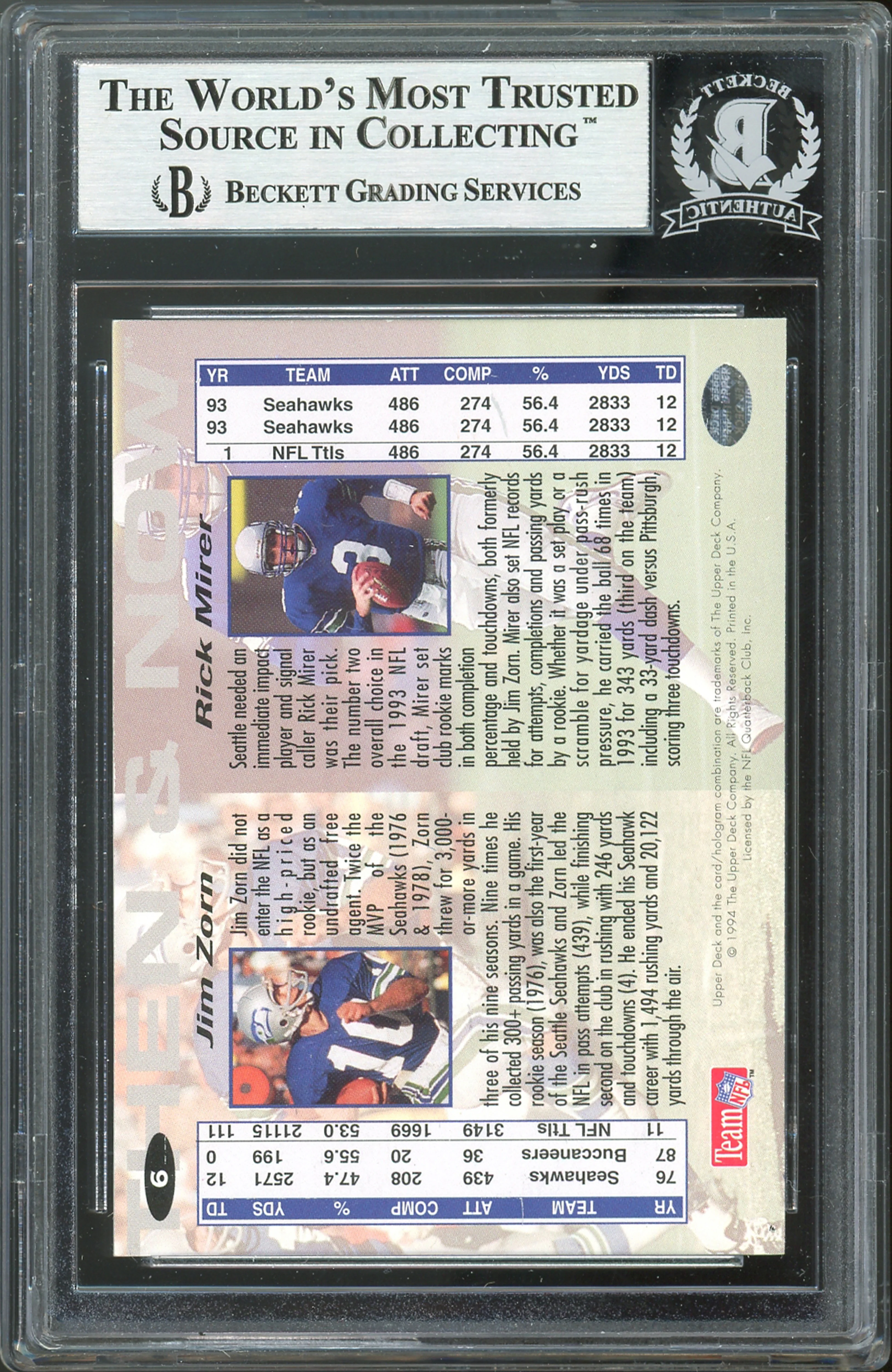 Seahawks Rick Mirer Jim Zorn Signed 1994 UD Collector's Choice #6 Card BAS Slab - Image 3