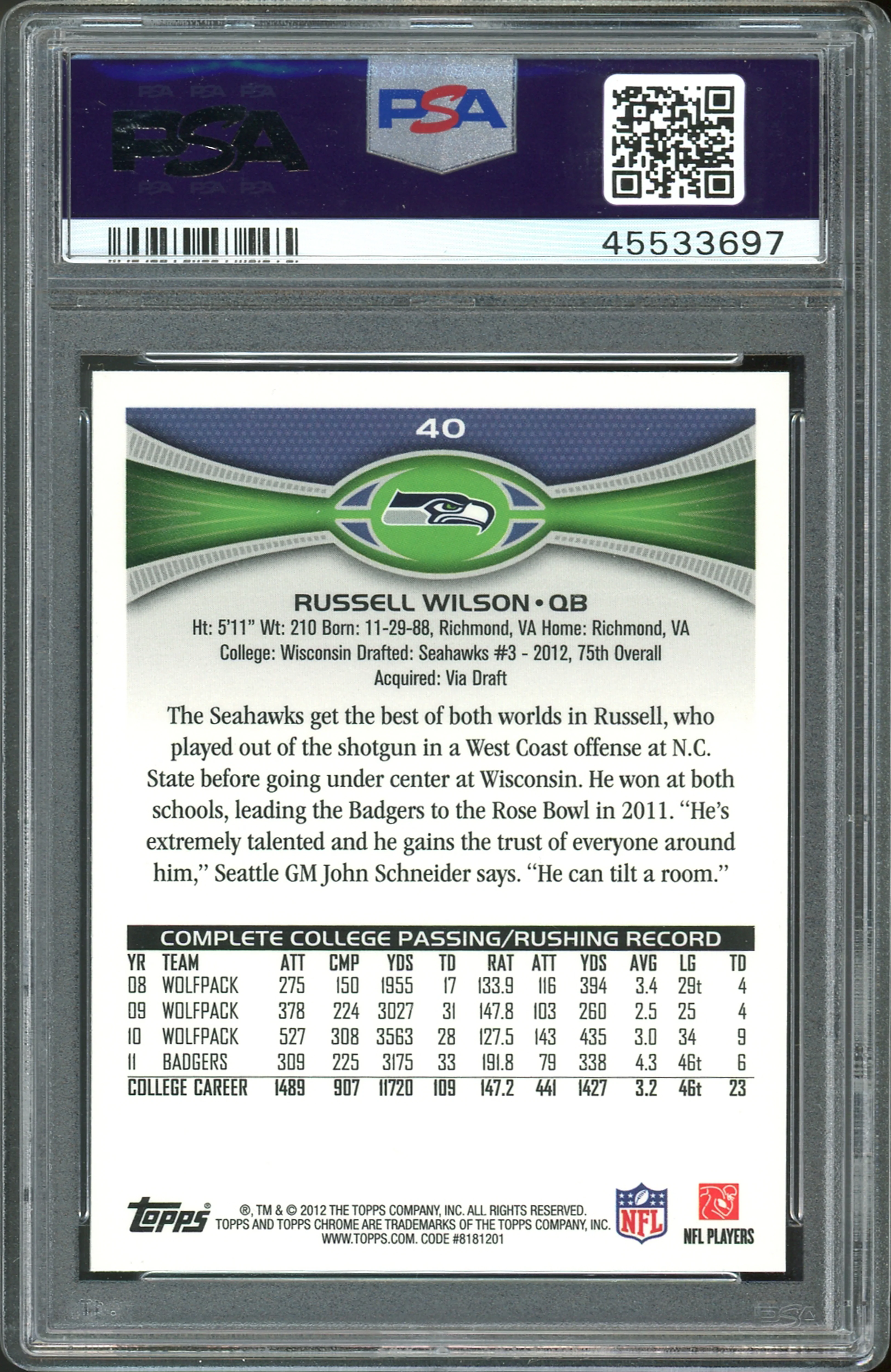 Seahawks Russell Wilson 2012 Topps Chrome #40 Rookie Card Gem Mint 10! PSA Slab - Image 3