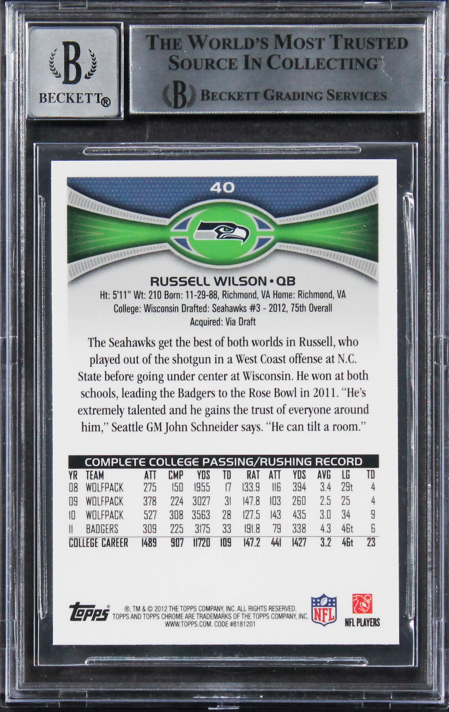 Seahawks Russell Wilson Signed 2012 Topps Chrome #40A RC Card Auto 10! BAS Slab - Image 3
