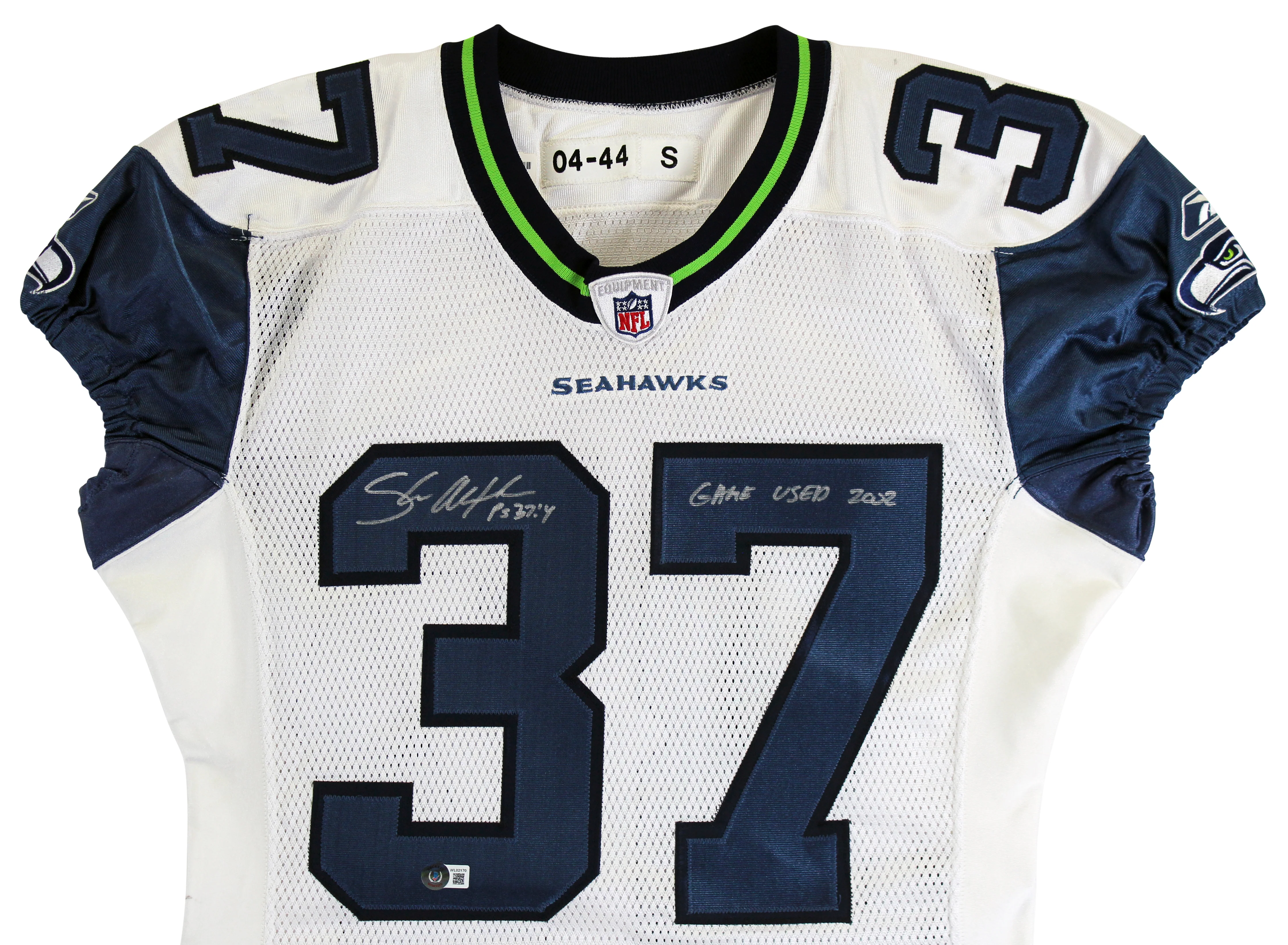 Seahawks Shaun Alexander "Game Used 2002" Signed White Reebok Jersey BAS Witness - Image 4