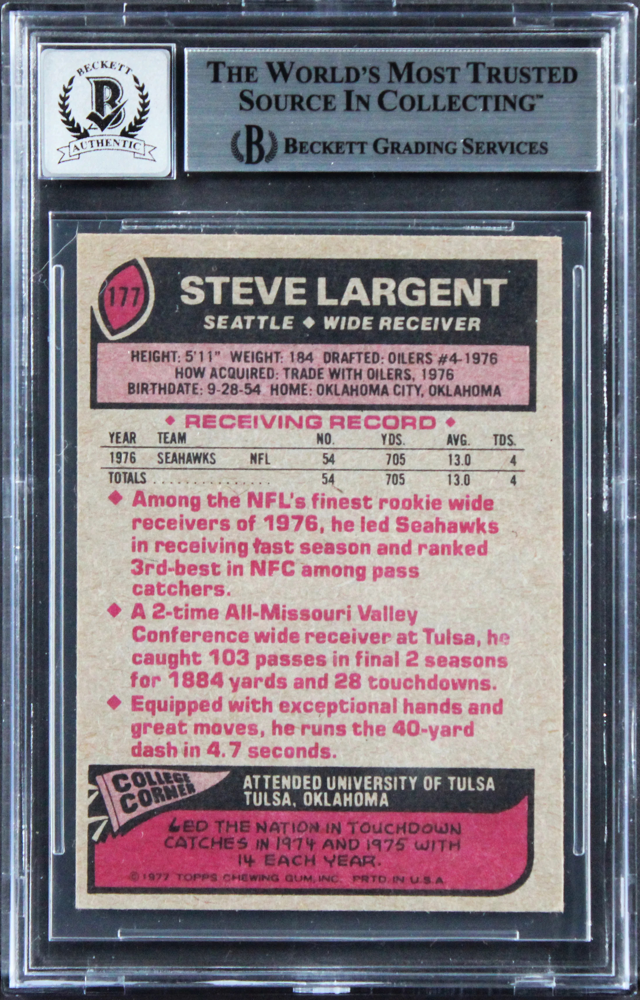 Seahawks Steve Largent "HOF 95" Signed 1977 Topps #177 Card Auto 10! BAS Slab 2 - Image 3