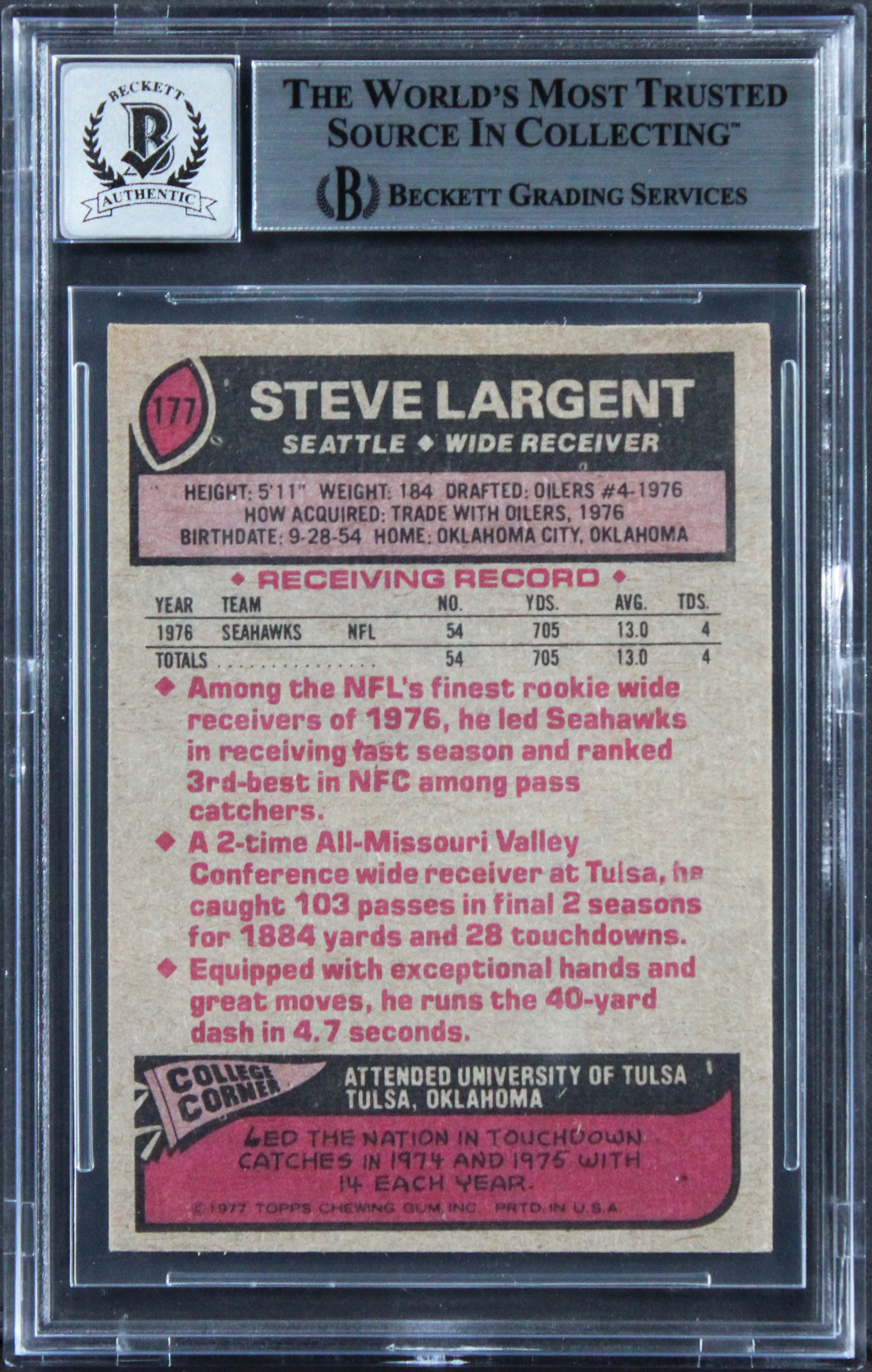 Seahawks Steve Largent "HOF 95" Signed 1977 Topps #177 Card Auto 10! BAS Slab 3 - Image 3