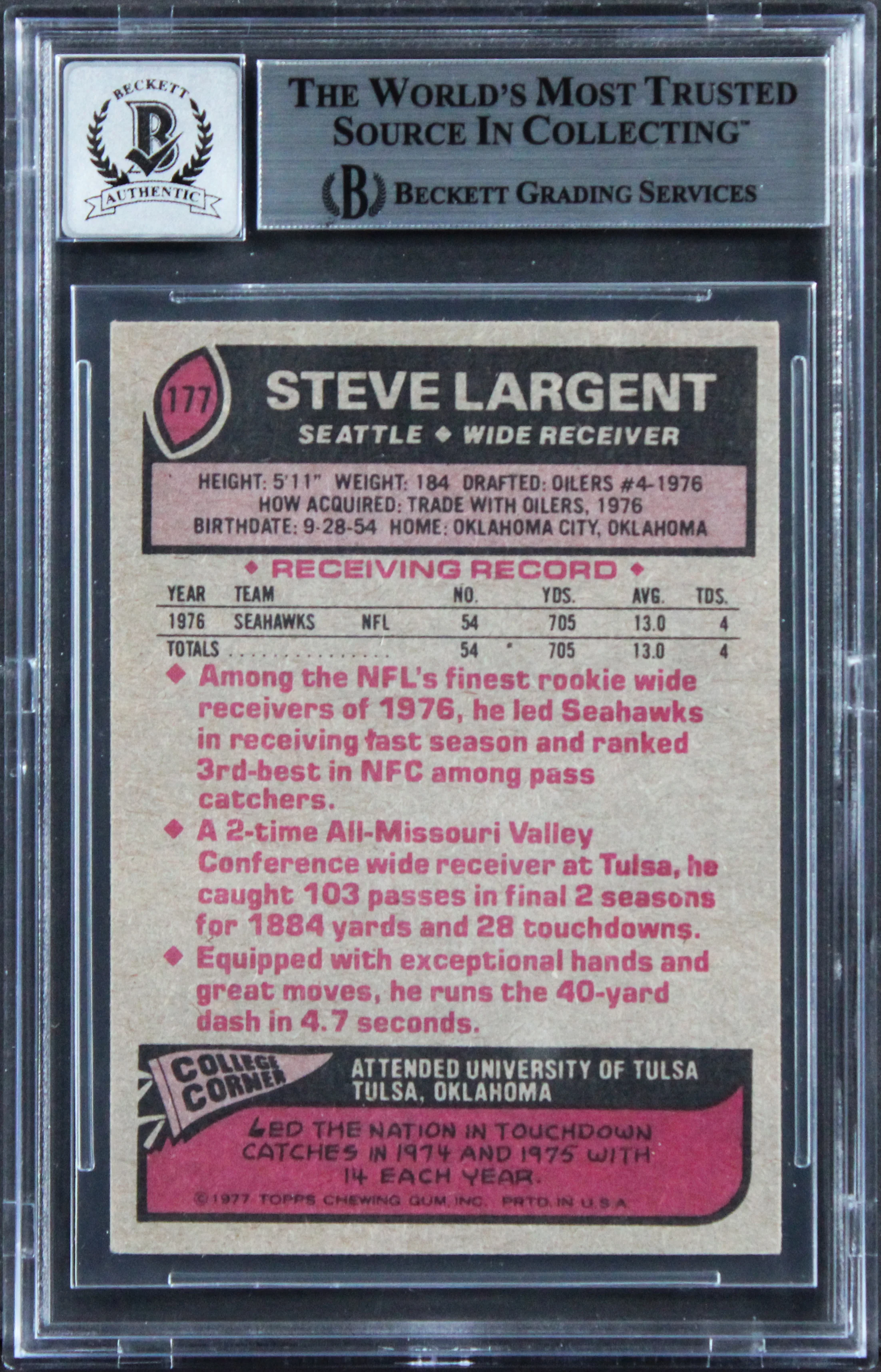 Seahawks Steve Largent "HOF 95" Signed 1977 Topps #177 Card Auto 10! BAS Slab 4 - Image 3