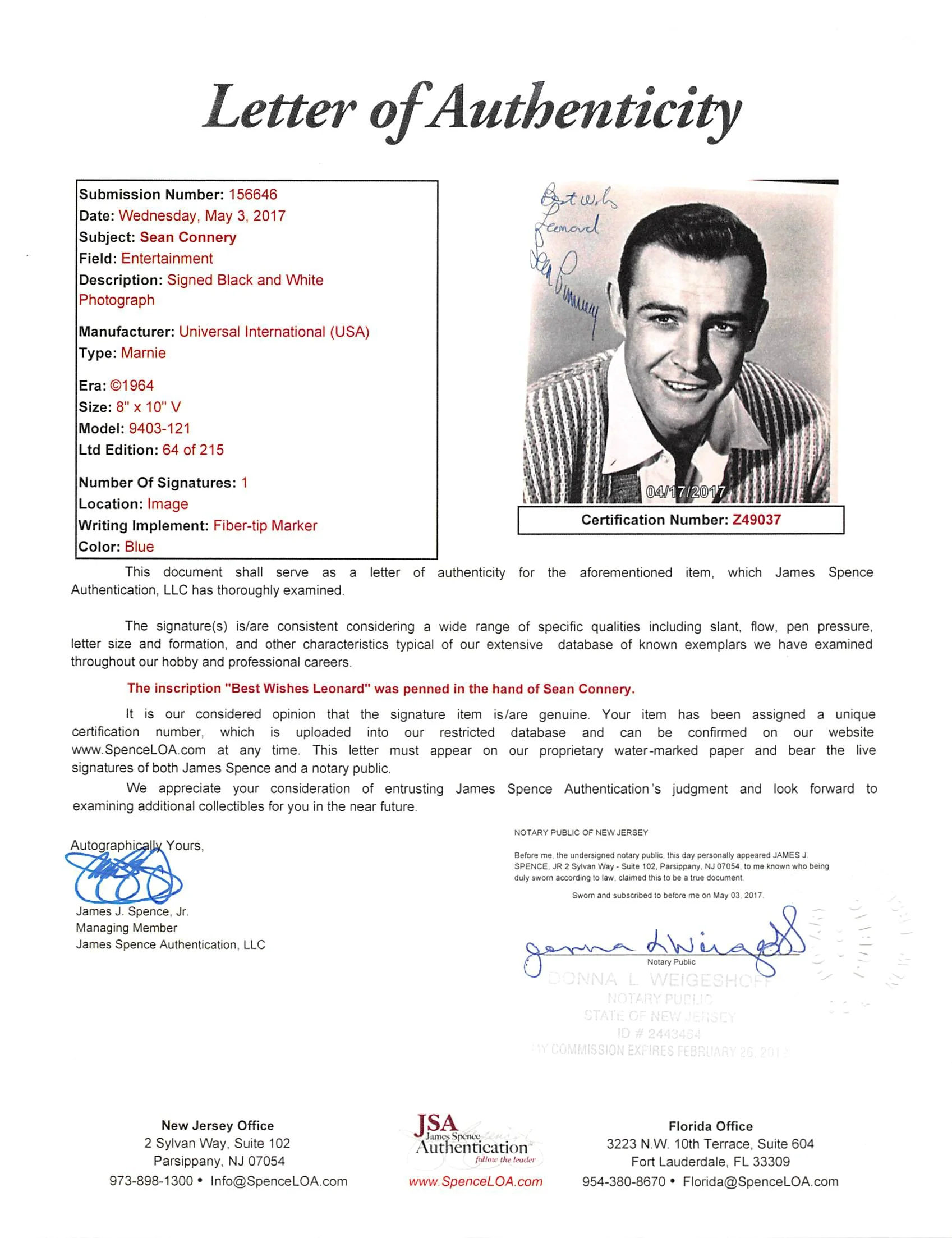 Sean Connery Marnie "Best Wishes" Signed 8x10 LE Promo B & W Photo JSA #Z49037 - Image 4