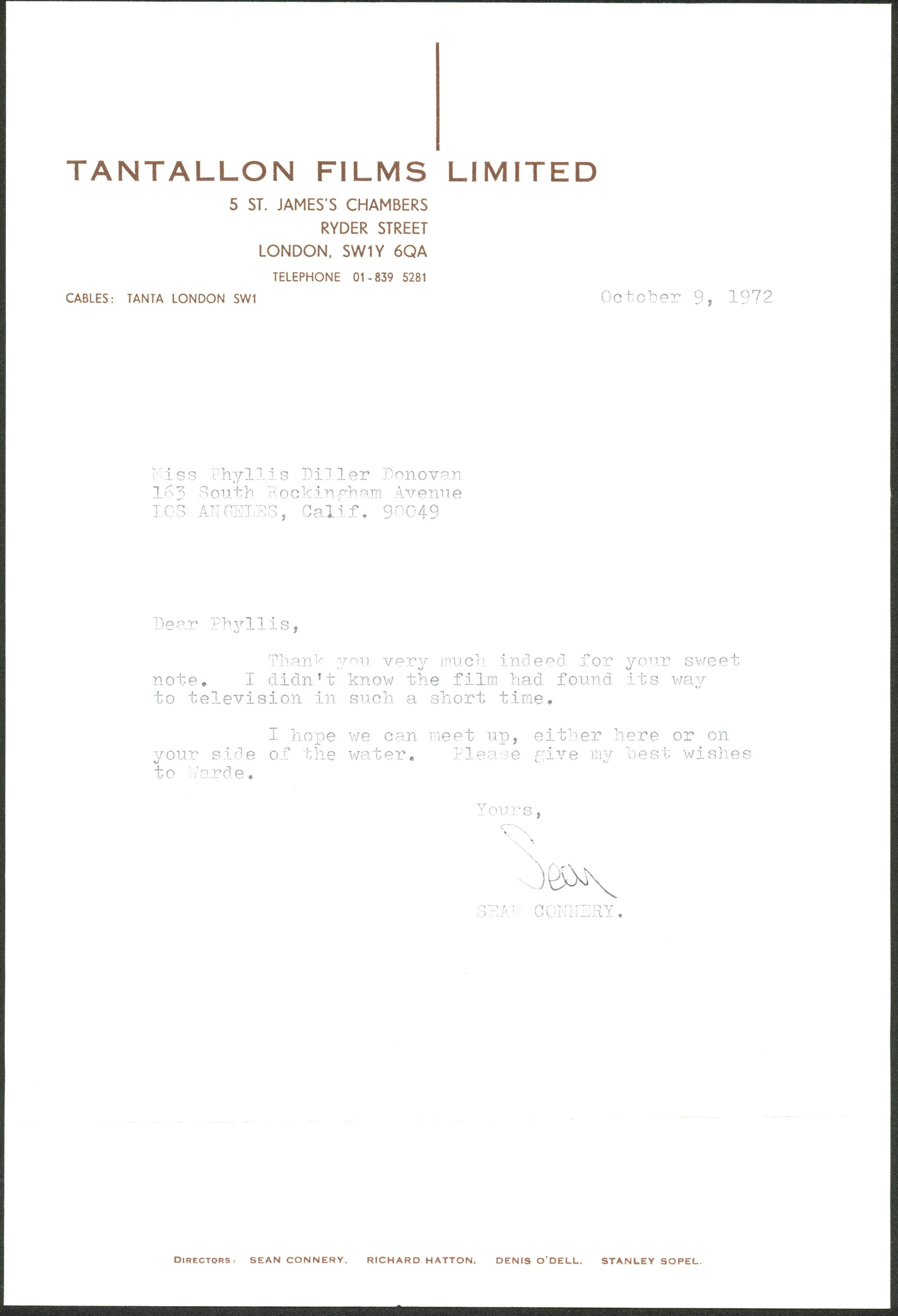 Sean Connery Signed 1972 7.75x11x75 Letter On Tantallon Films Ltd Letterhead BAS - Image 2