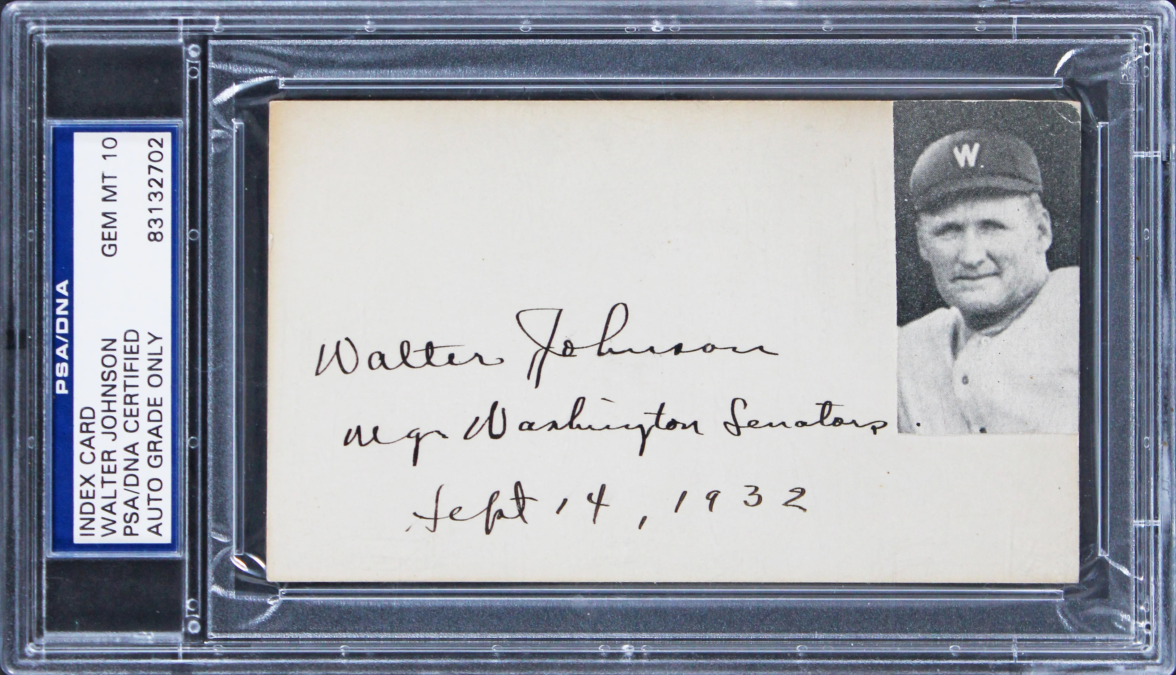 Senators Walter Johnson Signed & Inscribed 3x5 Index Card Auto 10! PSA Slabbed - Image 2