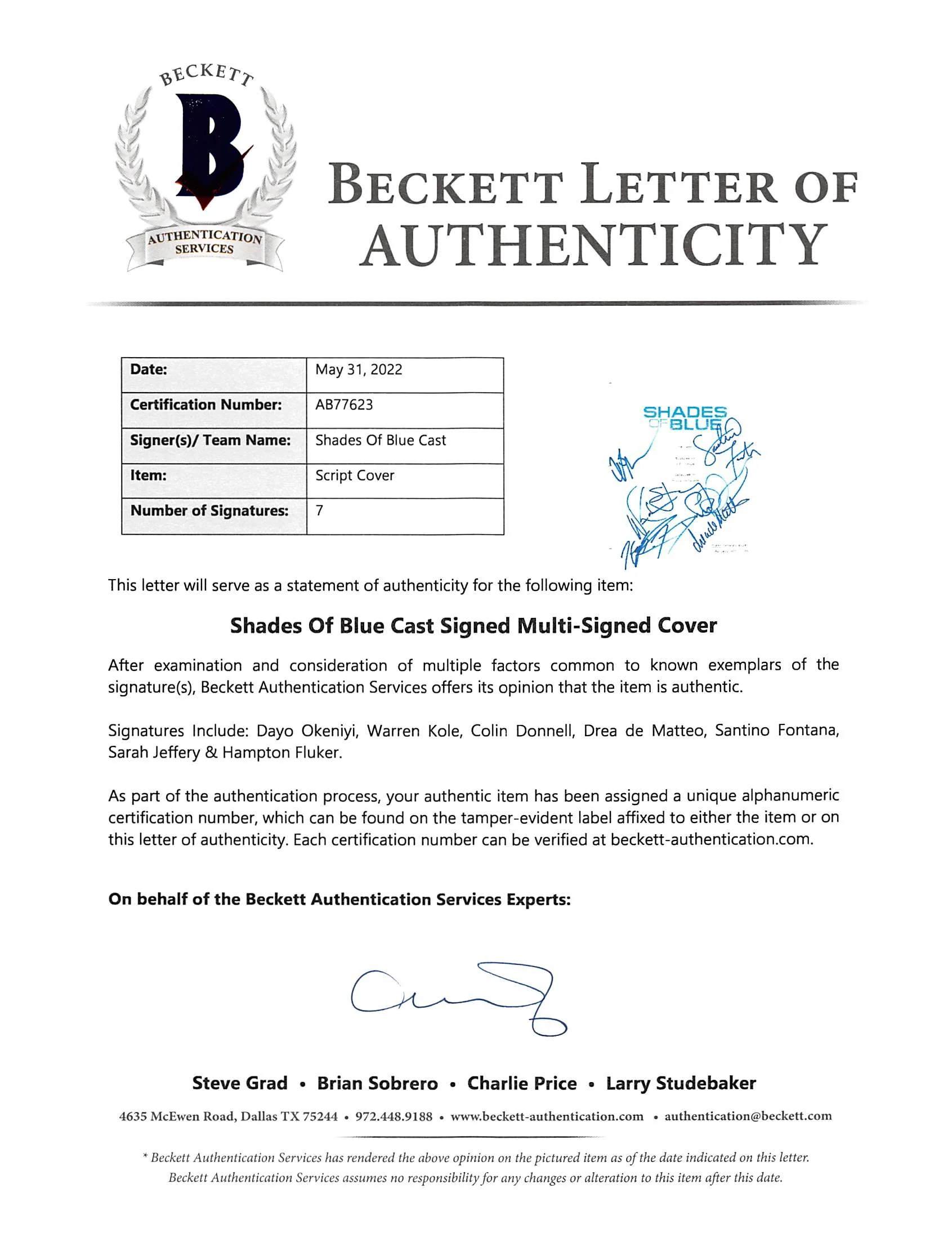 Shades of Blue (7) Okeniyi, Kole, Donnell, +4 Signed Script Cover BAS #AB77623 - Image 3