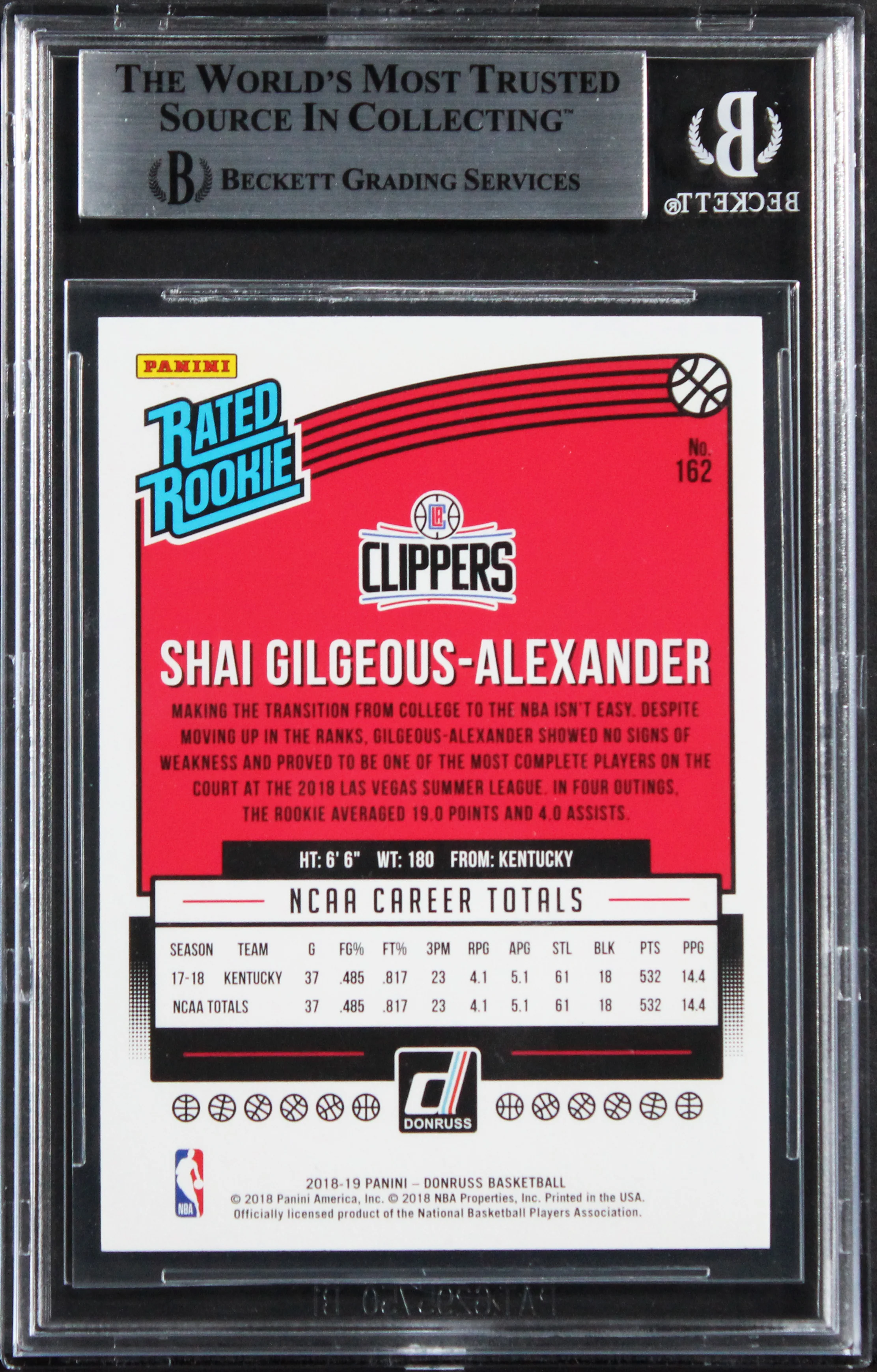 Shai Gilgeous-Alexander Signed 2018 Donruss #162 Rated Rookie Card BAS Slabbed 2 - Image 3