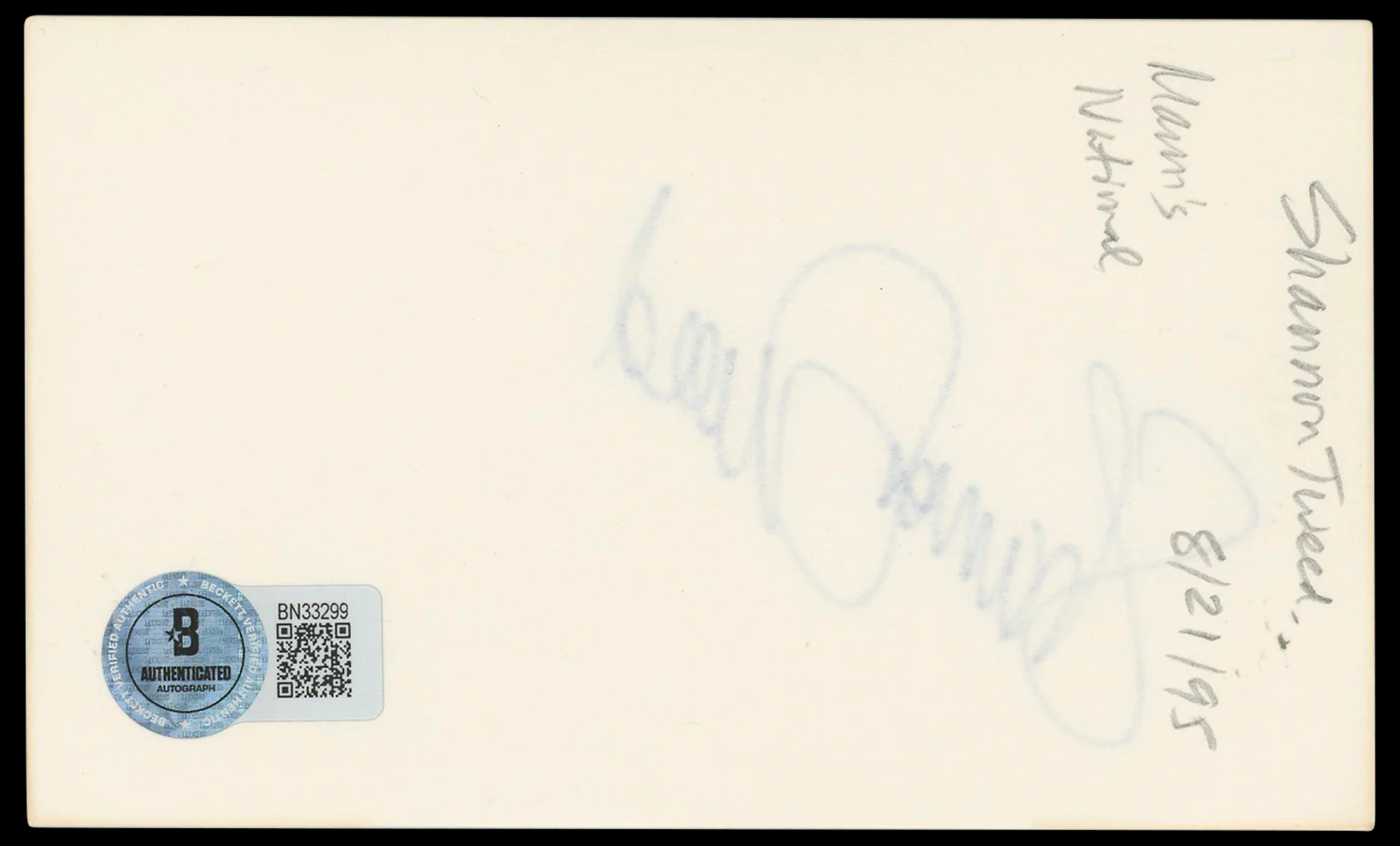 Shannon Tweed Scorned Authentic Signed 3x5 Index Card Autographed BAS #BN33299 - Image 3