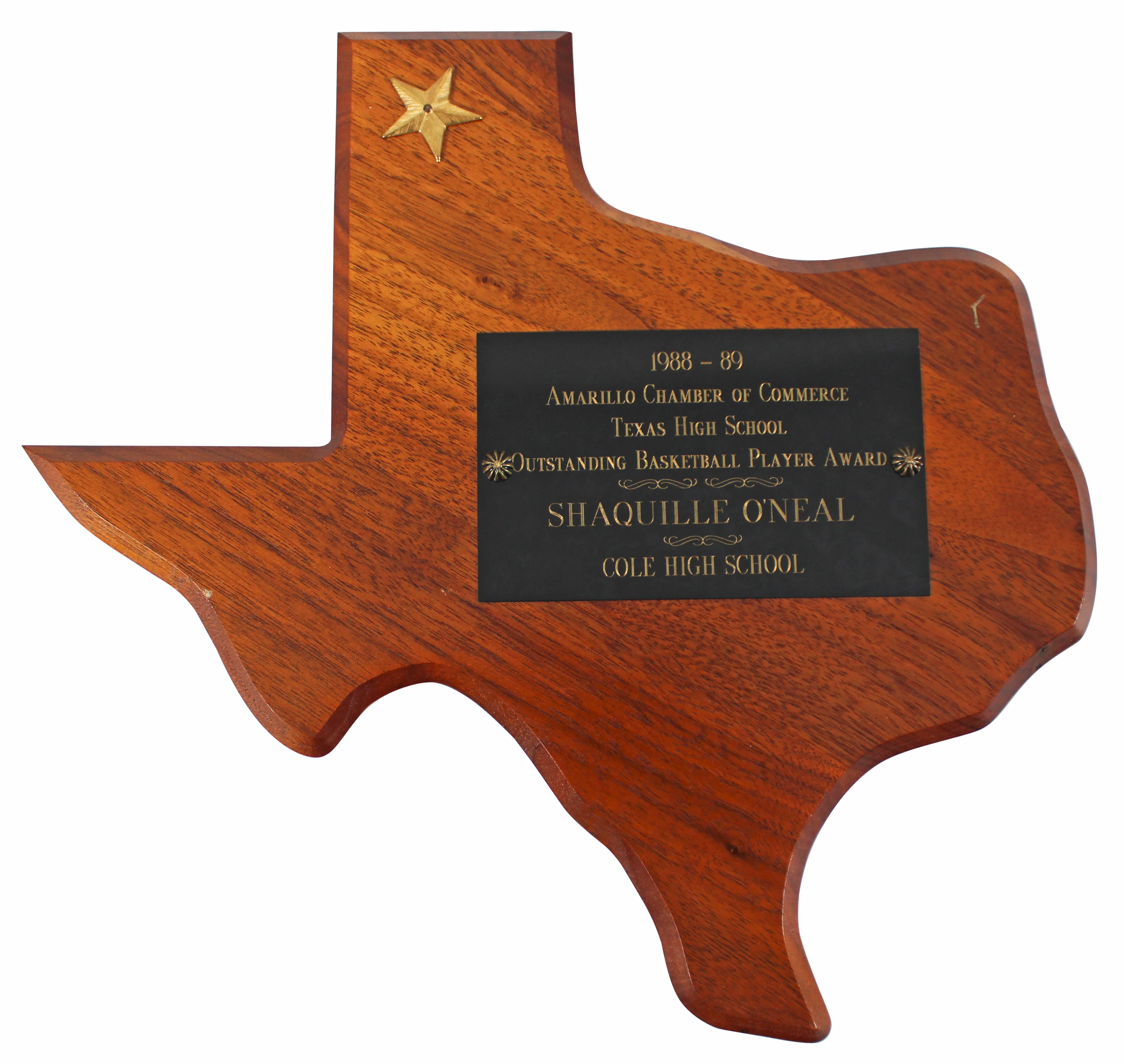 Shaquille O'Neal 1989 Texas HS Outstanding Basketball Player Award Plaque BAS W - Image 2