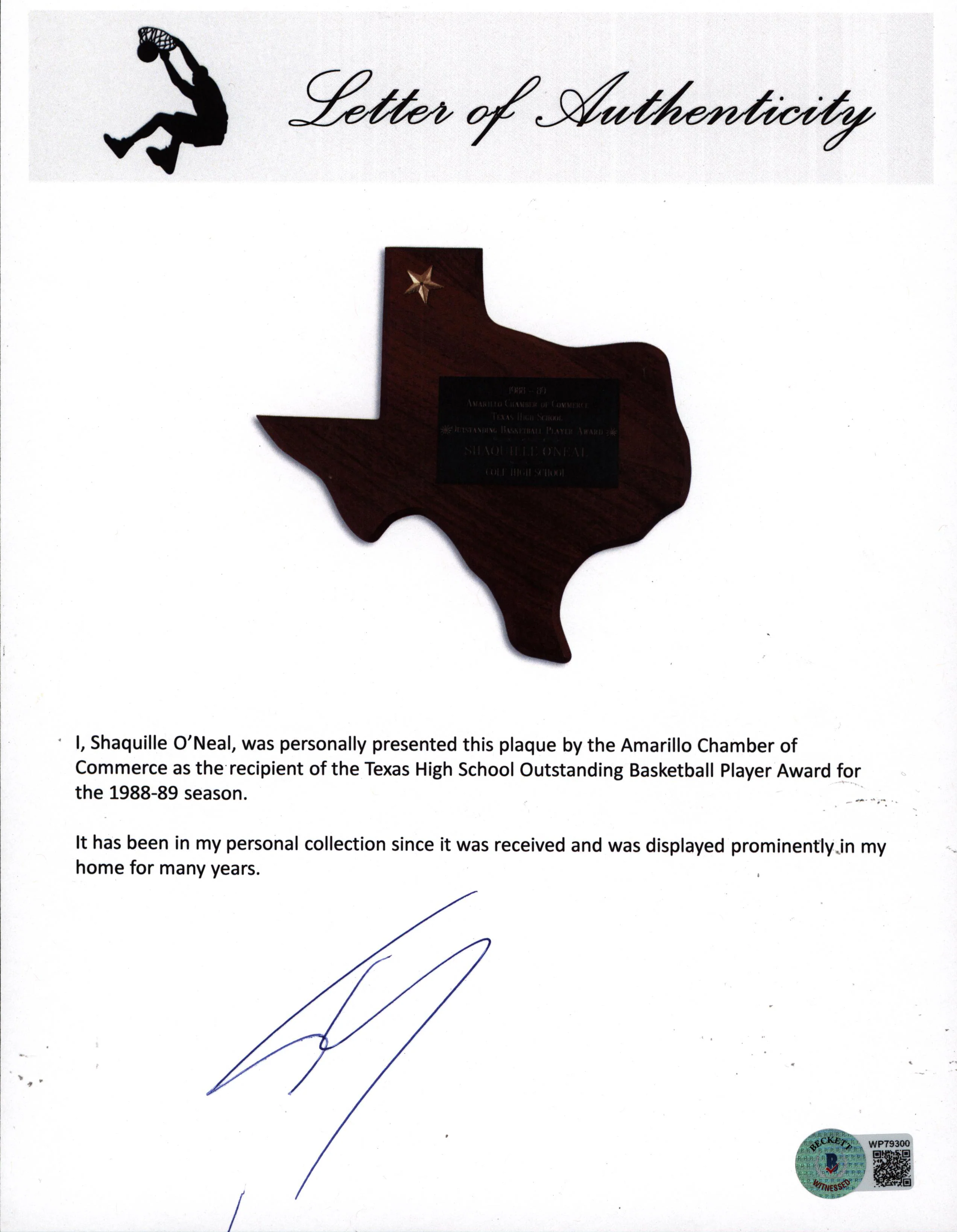 Shaquille O'Neal 1989 Texas HS Outstanding Basketball Player Award Plaque BAS W - Image 5