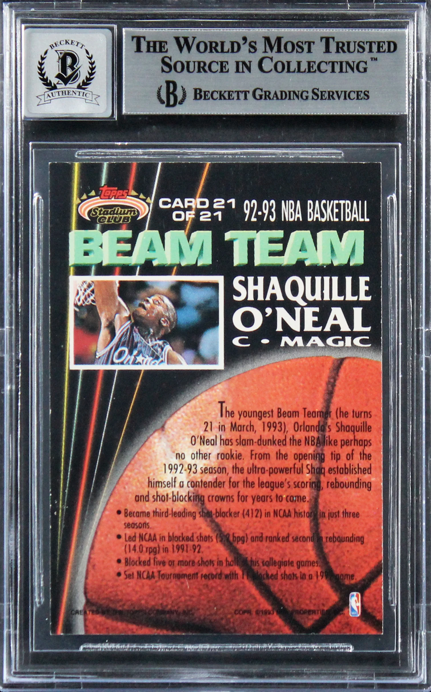 Shaquille O'Neal 1992 Stadium Club Beam Team Members Only RC Auto 10 BAS Slab 1 - Image 4