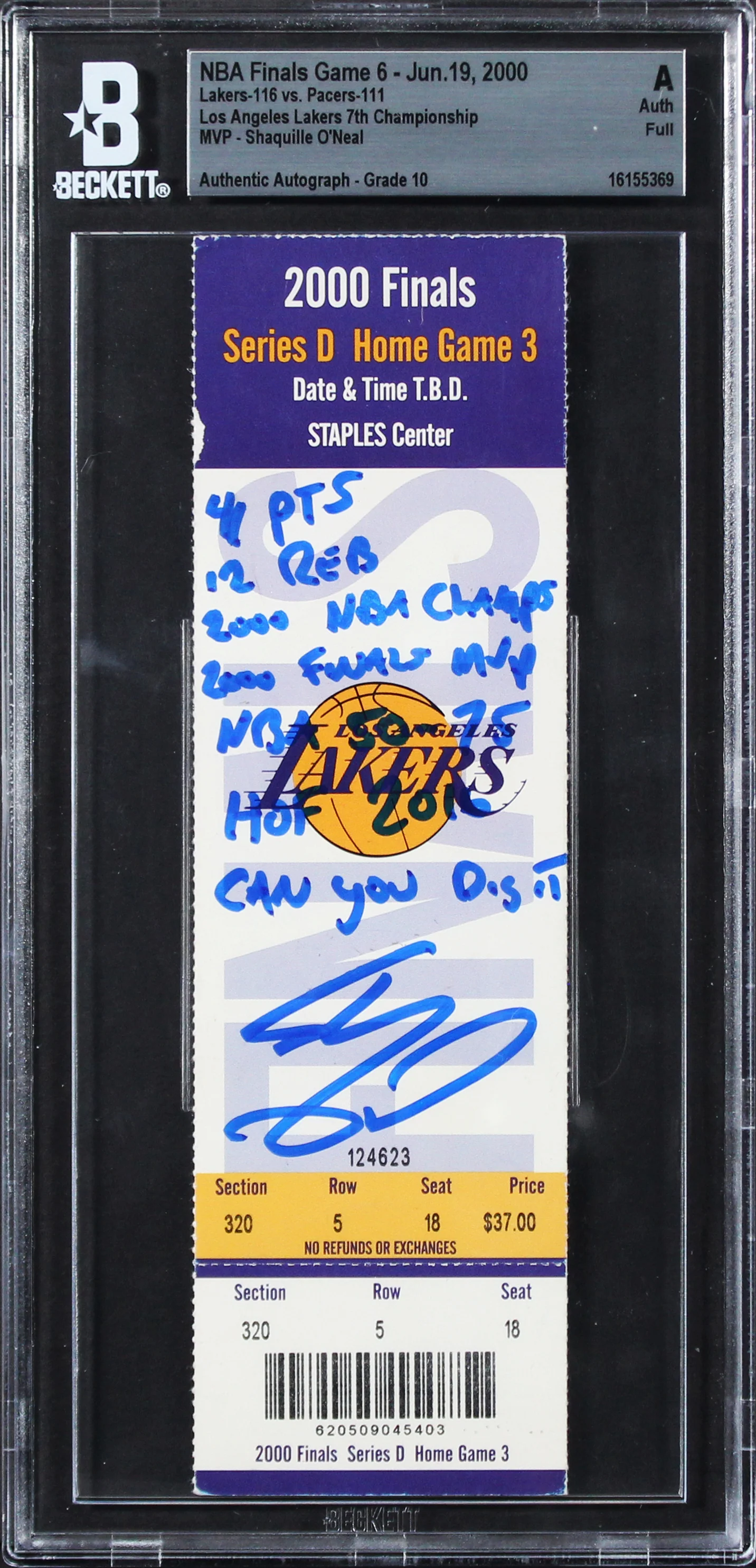 Shaquille O'Neal 8x Insc Signed 2000 NBA Finals Game 6 Ticket Auto 10 BAS Slab 1 - Image 2