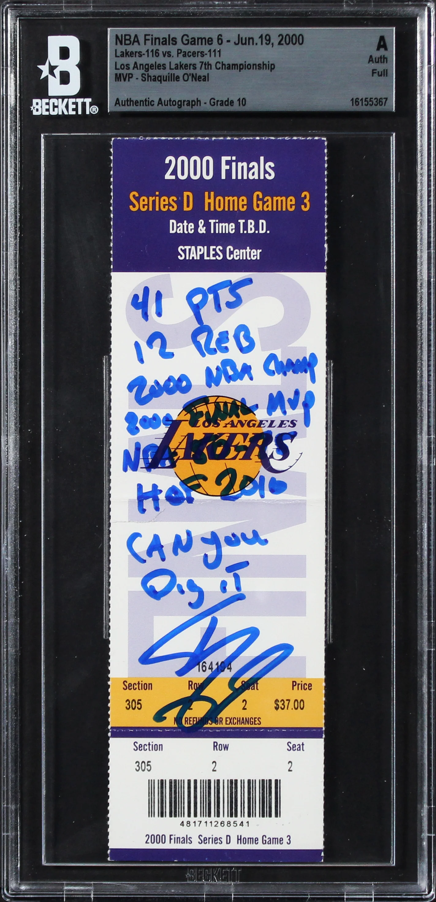 Shaquille O'Neal 8x Insc Signed 2000 NBA Finals Game 6 Ticket Auto 10 BAS Slab 3 - Image 2