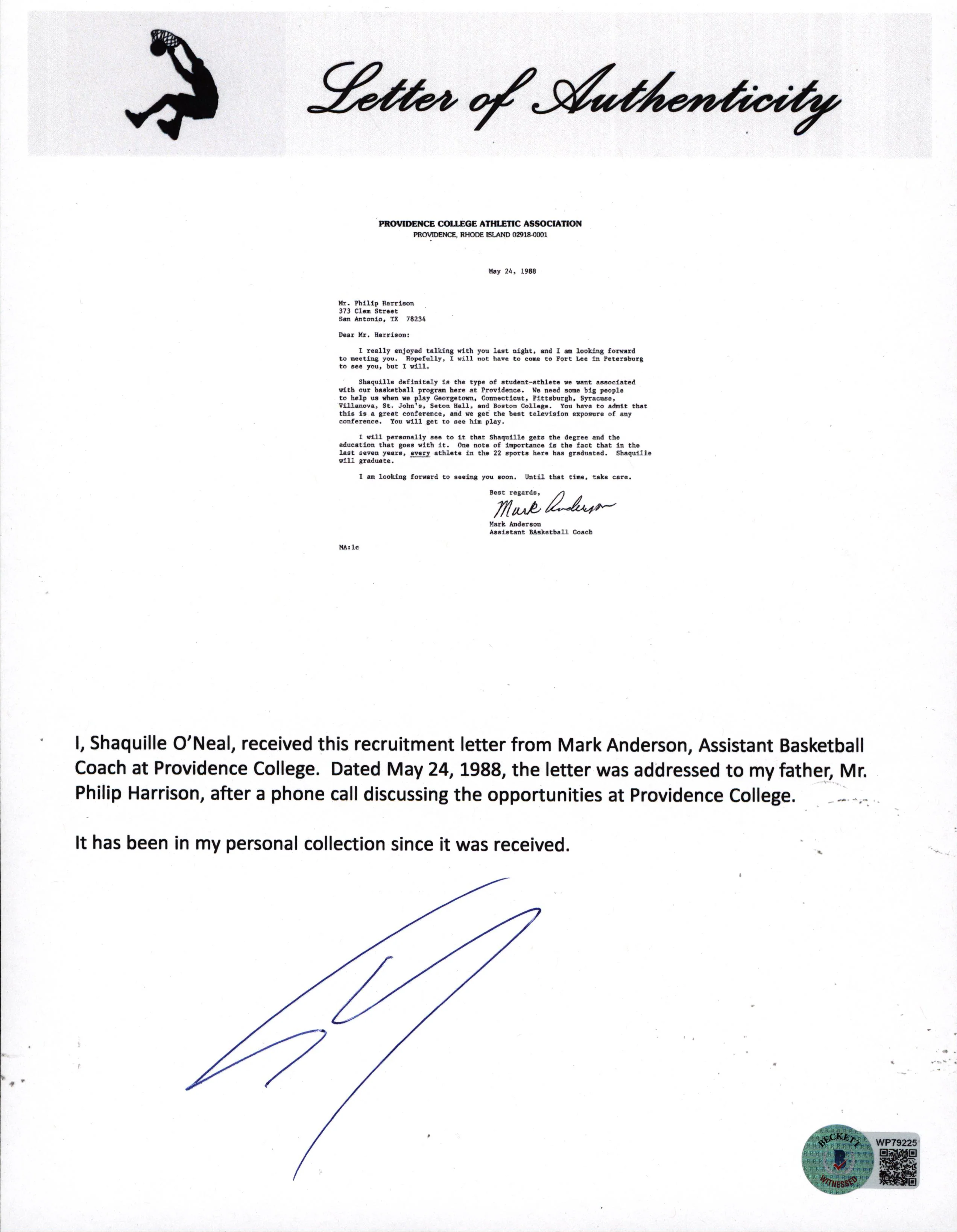 Shaquille O'Neal Authentic Signed 1988 Providence College Recruitment Letter BAS - Image 4