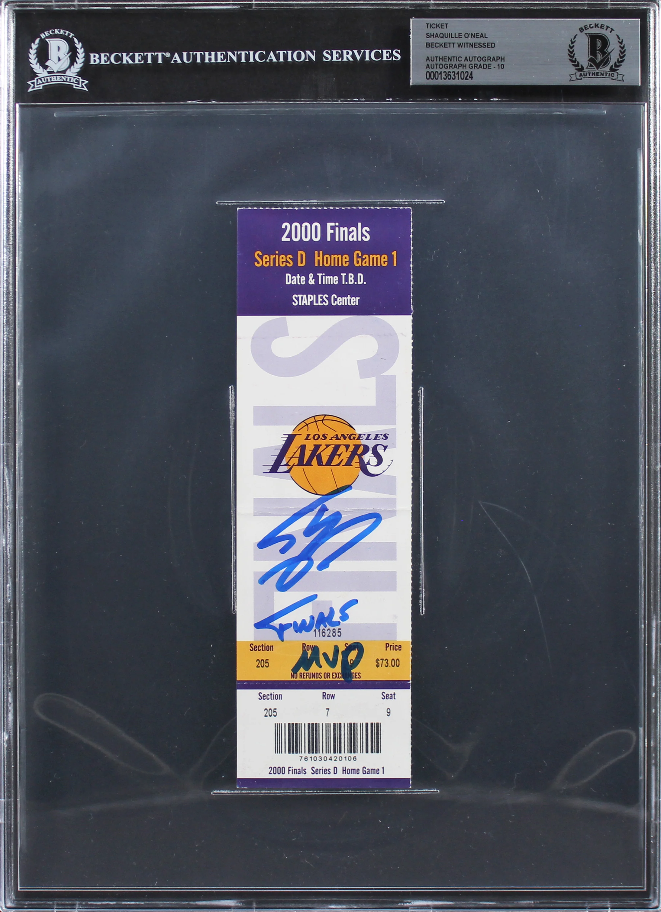 Shaquille O'Neal Finals MVP Signed 2000 Finals GM 1 Ticket Stub Auto 10 BAS Slab - Image 2