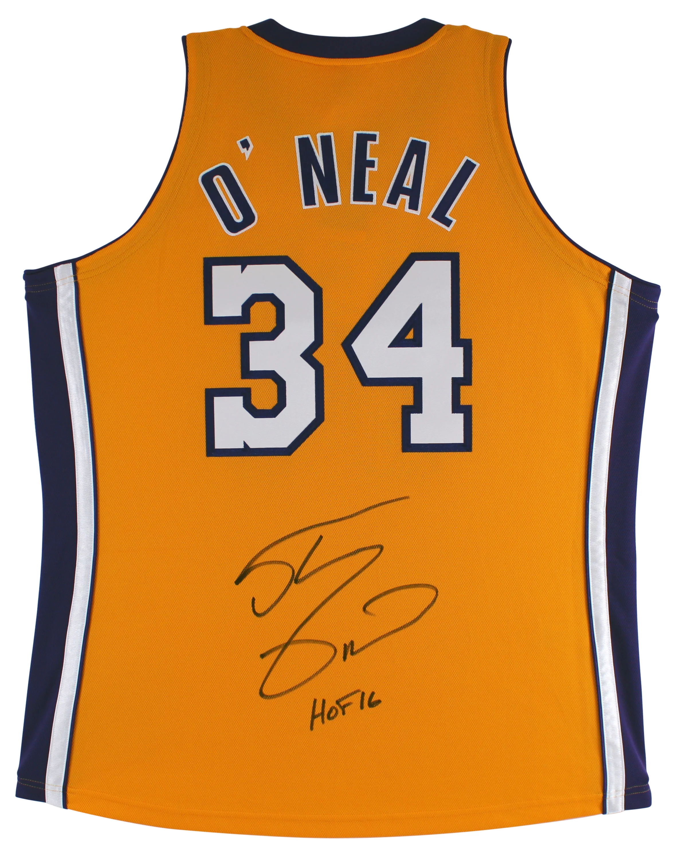 Shaquille O'Neal "HOF 16" Signed Yellow M&N 1999-00 HWC Authentic Jersey BAS Wit - Image 2