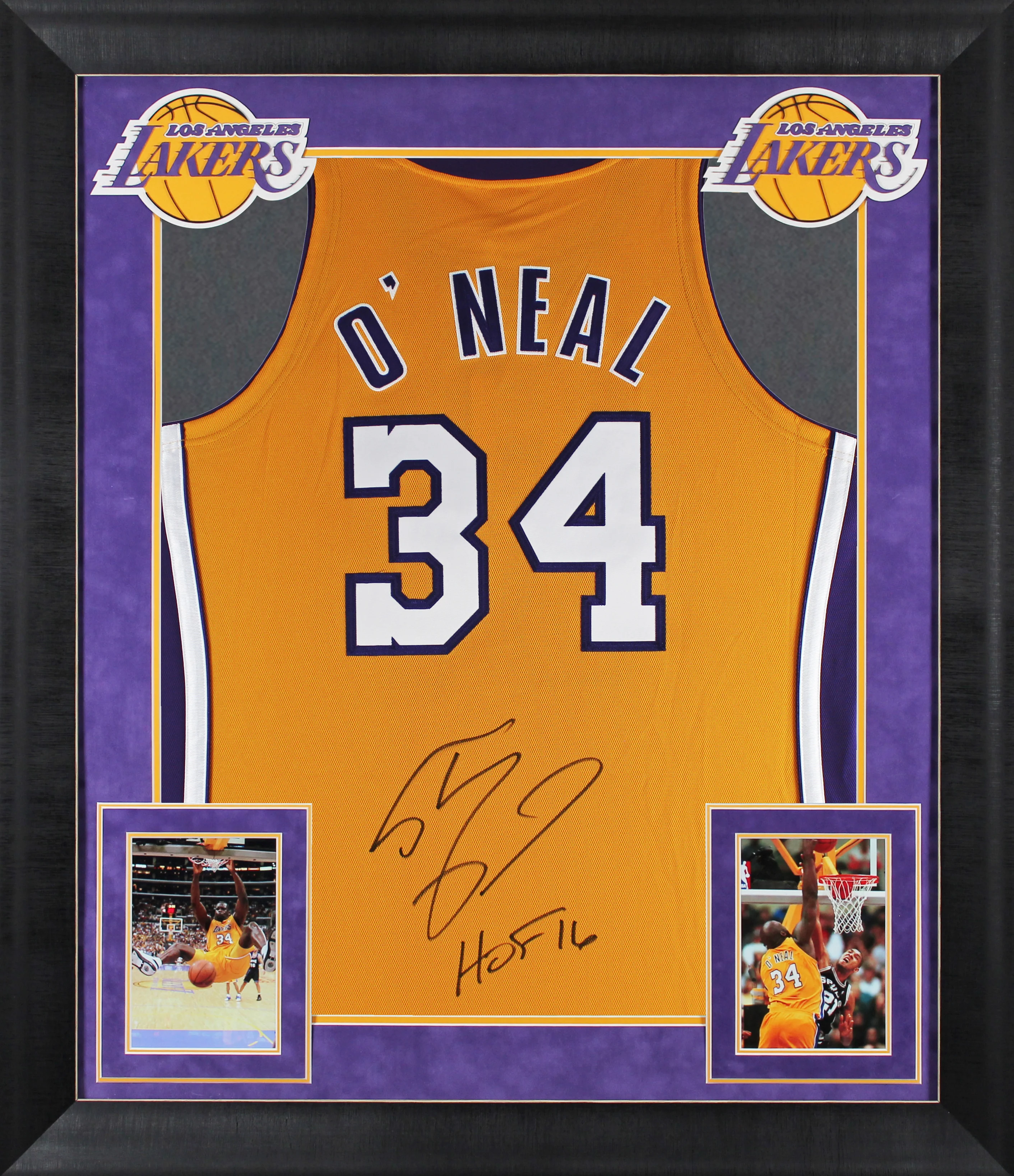 Shaquille O'Neal "HOF" Signed Yellow M&N 00-01 HWC Authentic Framed Jersey BAS W - Image 2