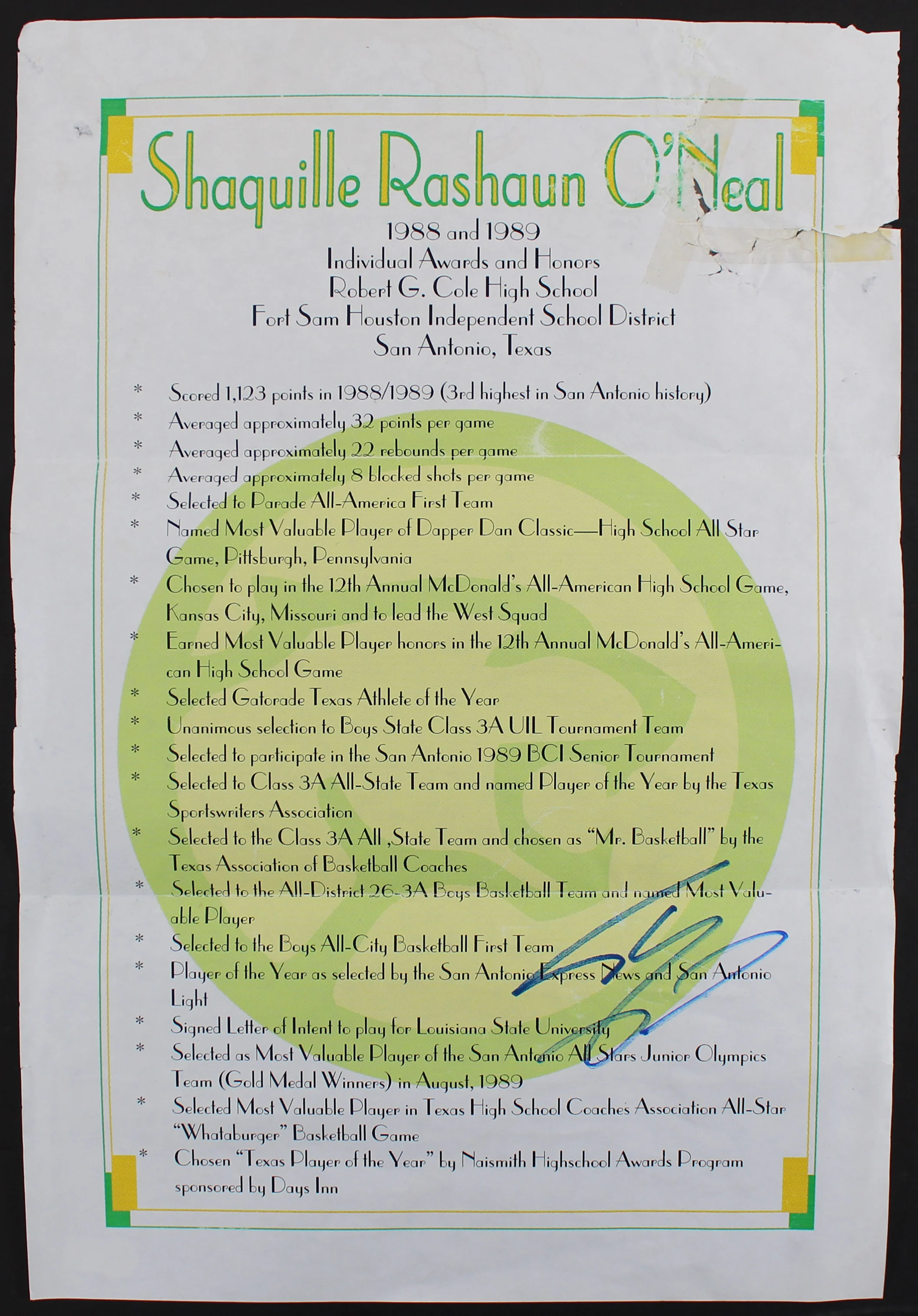 Shaquille O'Neal Signed 12x17.75 High School Awards Poster BAS Witness #WP79154 - Image 2