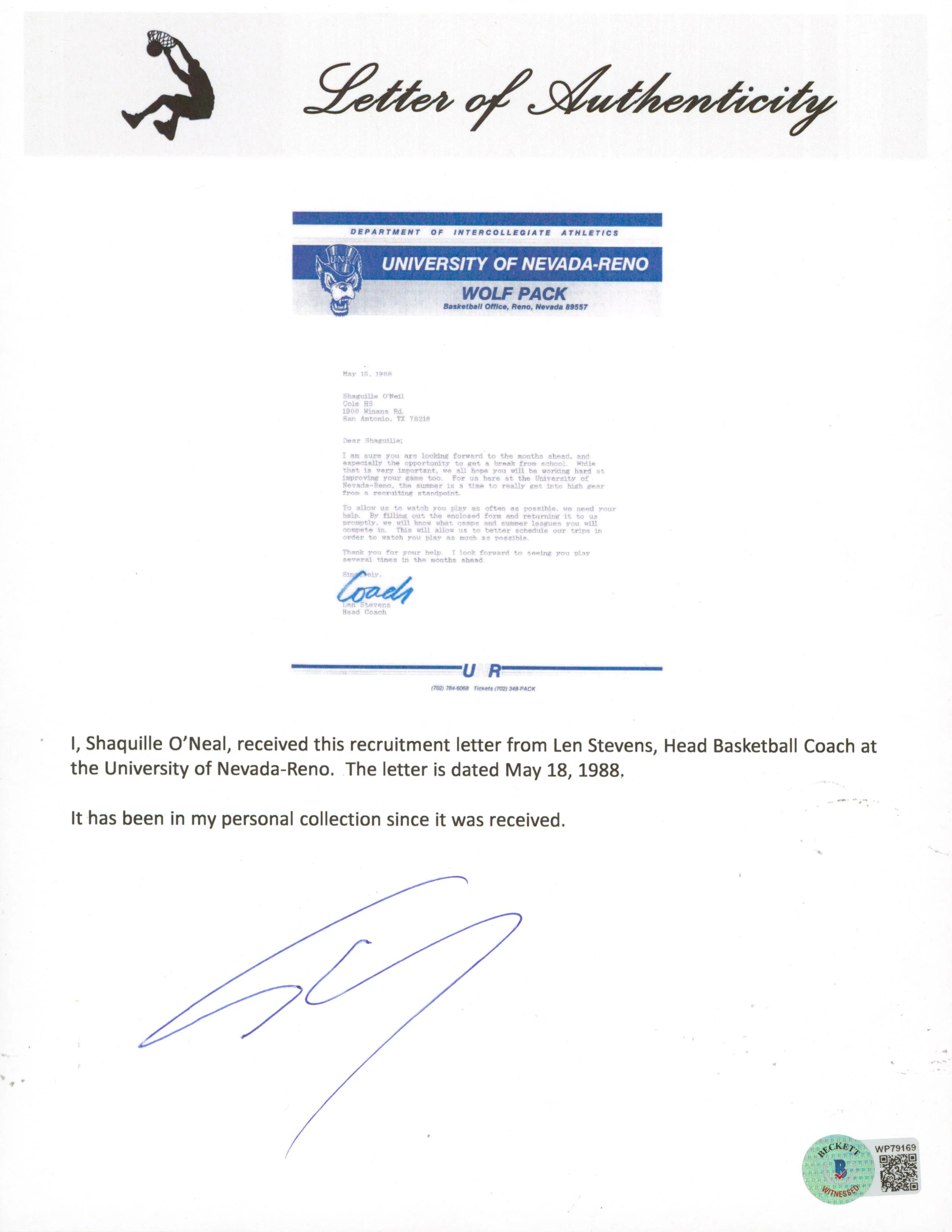 Shaquille O'Neal Signed 1988 Uni. Nevada-Reno Recruitment Envelope & Letter BAS - Image 5