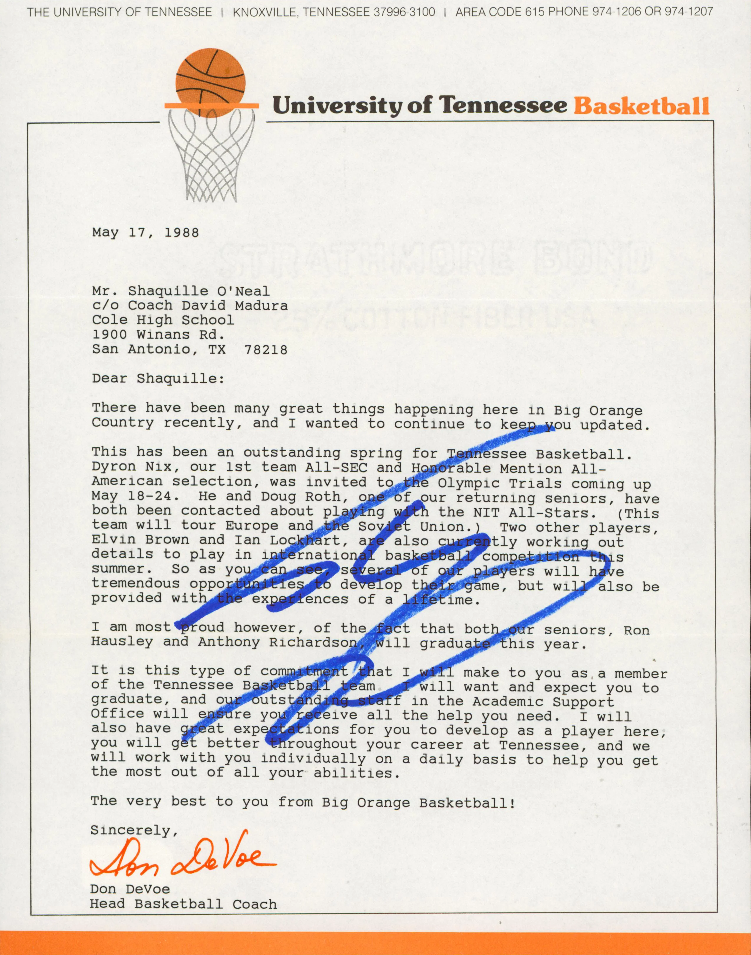 Shaquille O'Neal Signed 1988 University of Tennessee Recruitment Letter BAS - Image 2