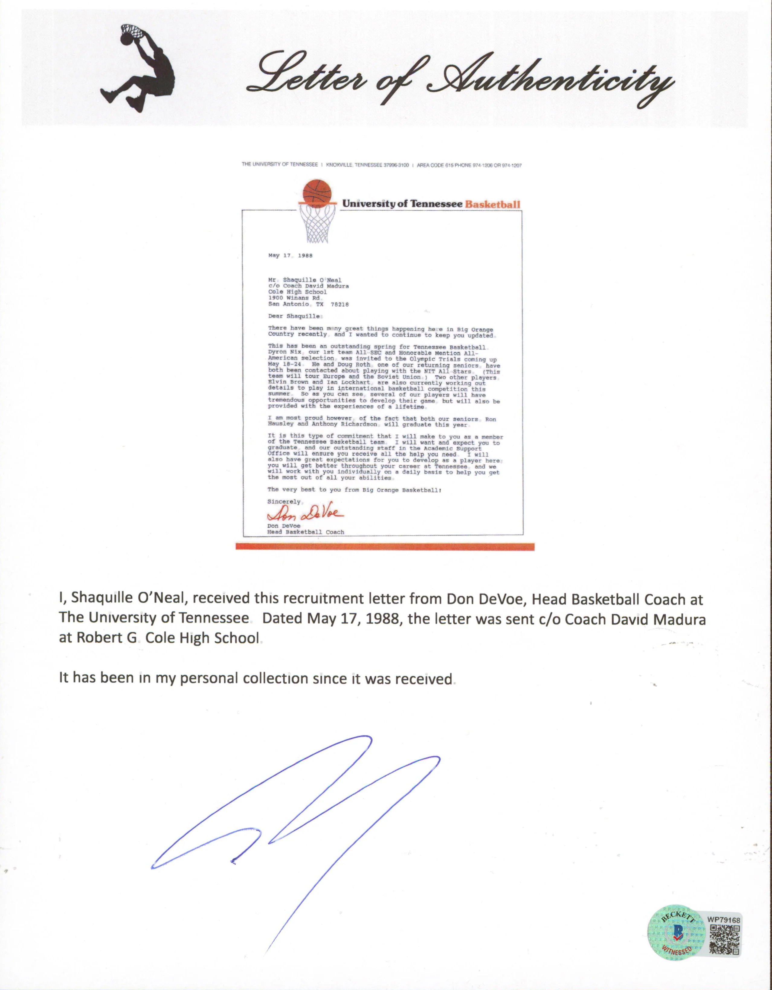 Shaquille O'Neal Signed 1988 University of Tennessee Recruitment Letter BAS - Image 5