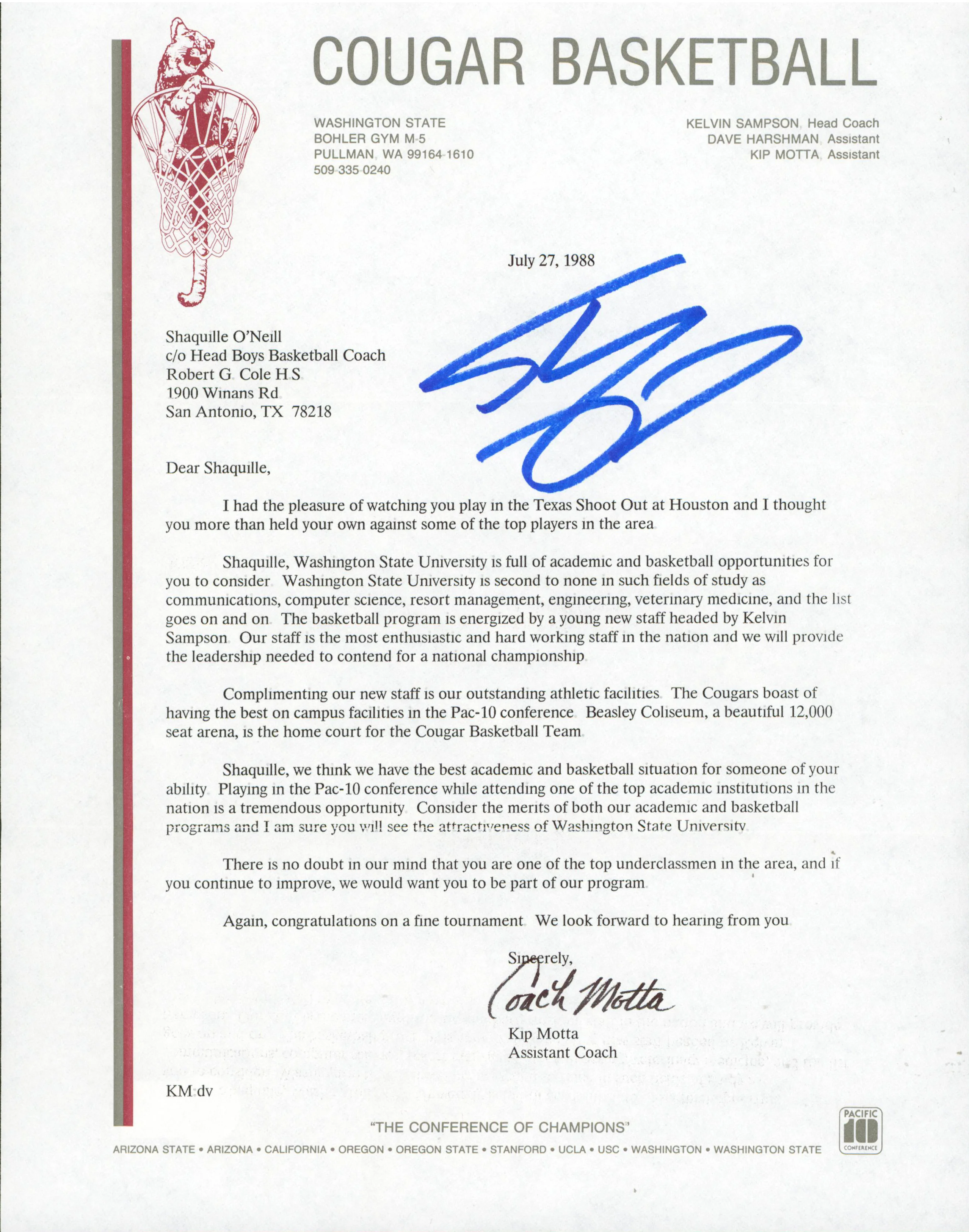 Shaquille O'Neal Signed 1988 Washington State University Recruitment Letter BAS - Image 2