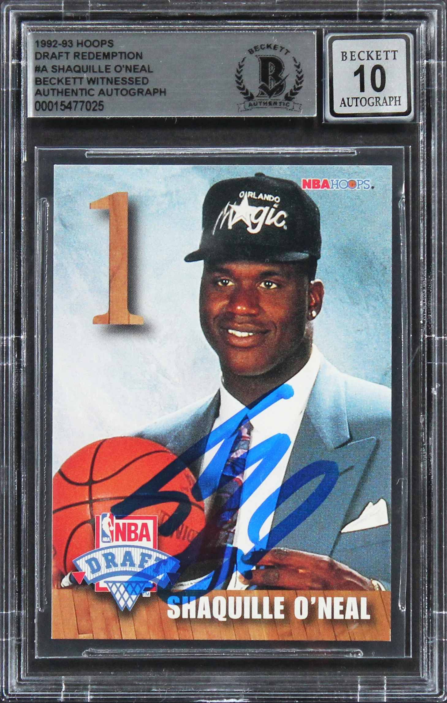 Shaquille O'Neal Signed 1992 Hoops Draft Redemption #A RC Card Auto 10! BAS Slab - Image 2