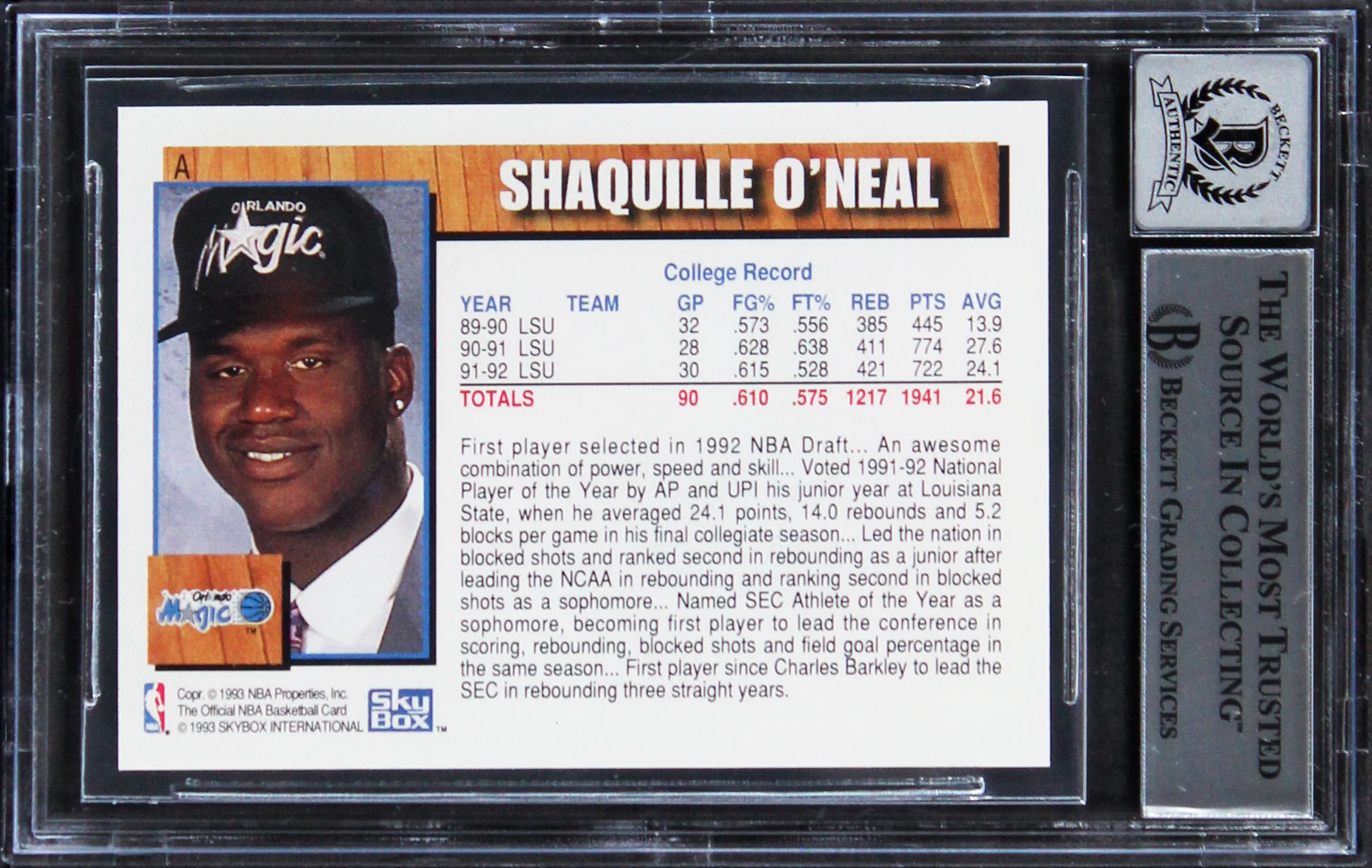 Shaquille O'Neal Signed 1992 Hoops Draft Redemption #A RC Card Auto 10! BAS Slab - Image 3