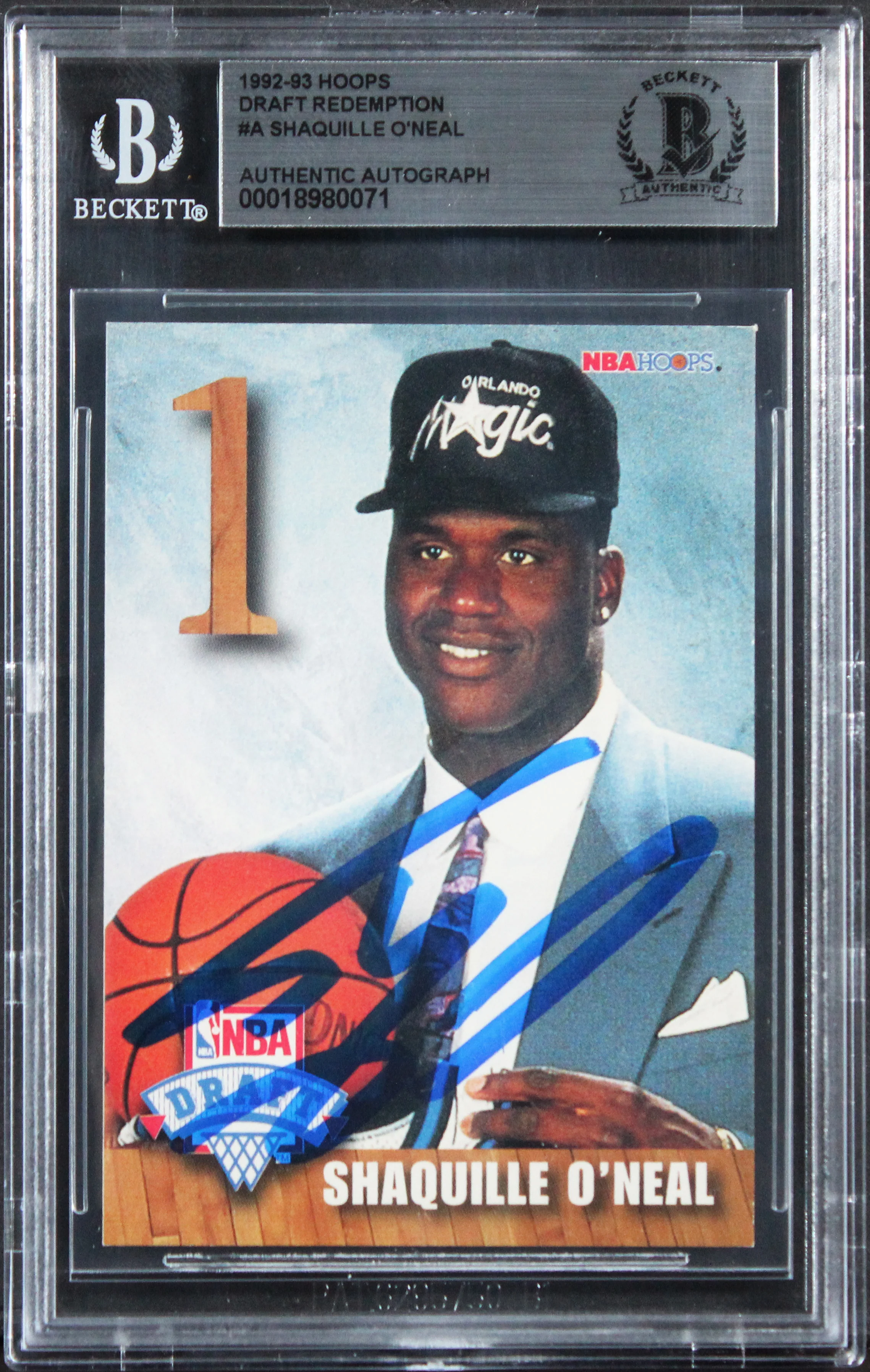 Shaquille O'Neal Signed 1992 Hoops Draft Redemption #A Rookie Card BAS Slabbed - Image 2