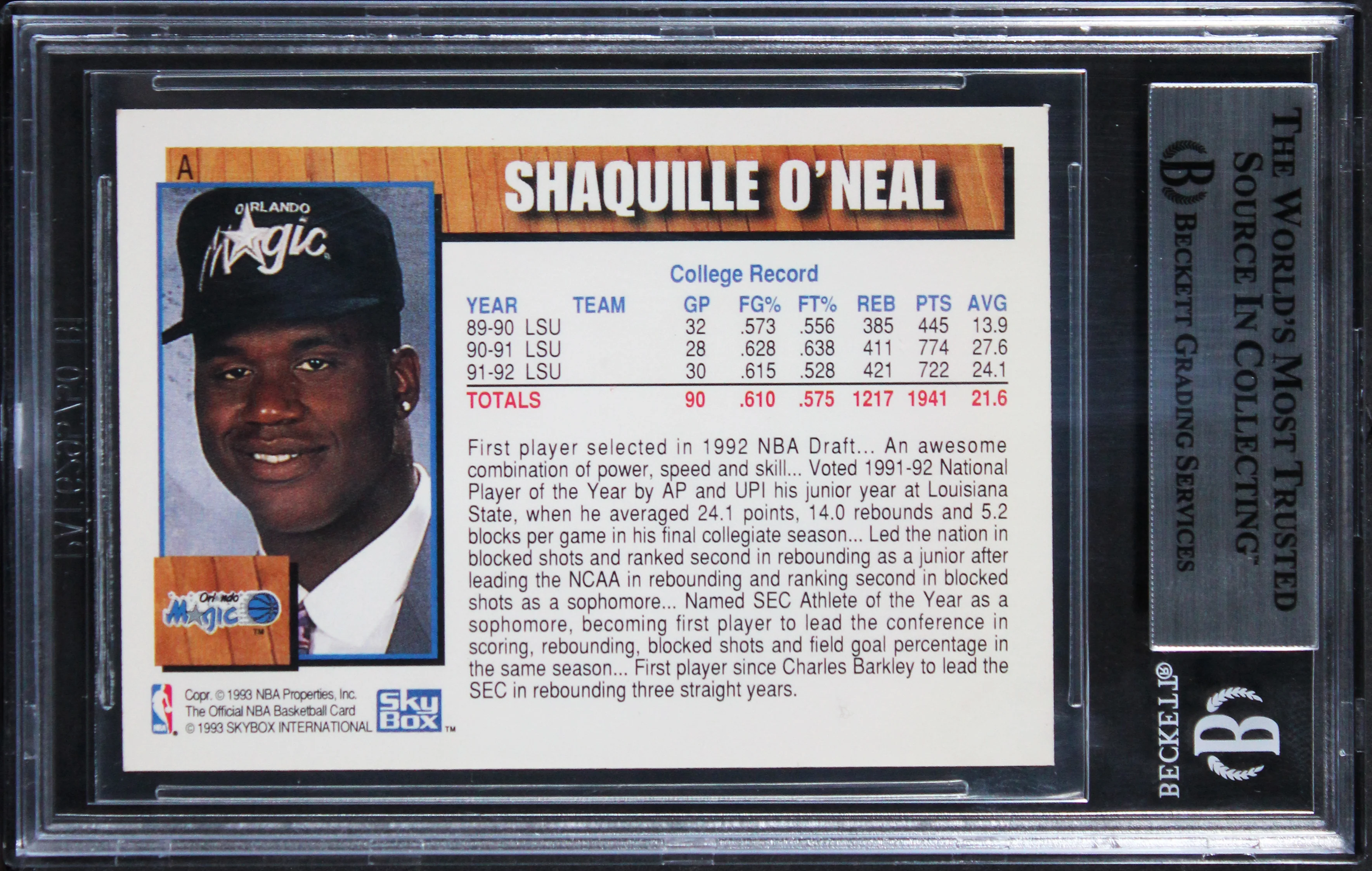 Shaquille O'Neal Signed 1992 Hoops Draft Redemption #A Rookie Card BAS Slabbed - Image 3
