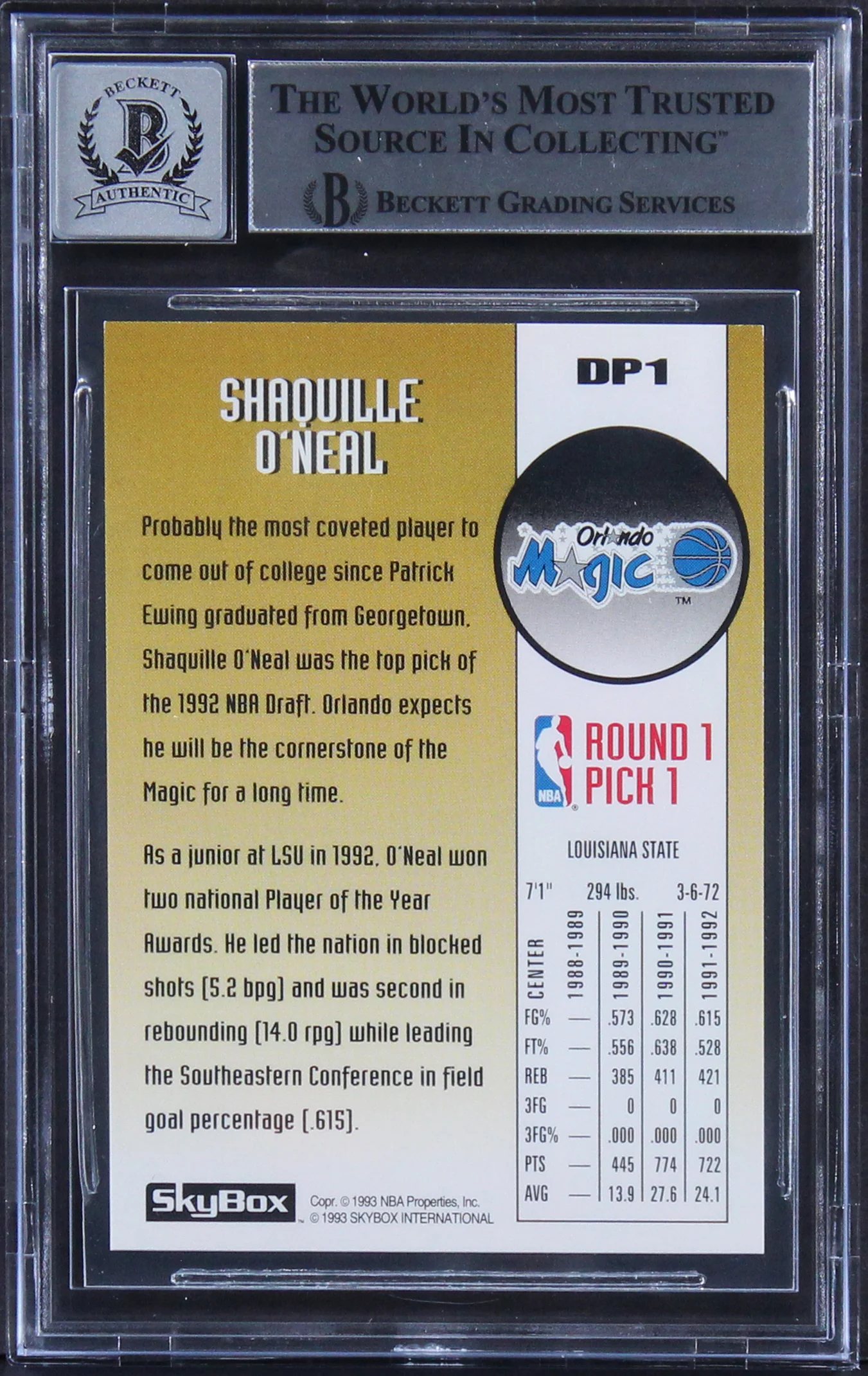 Shaquille O'Neal Signed 1992 Skybox Draft Picks #DP1 RC Card Auto 10! BAS Slab - Image 3