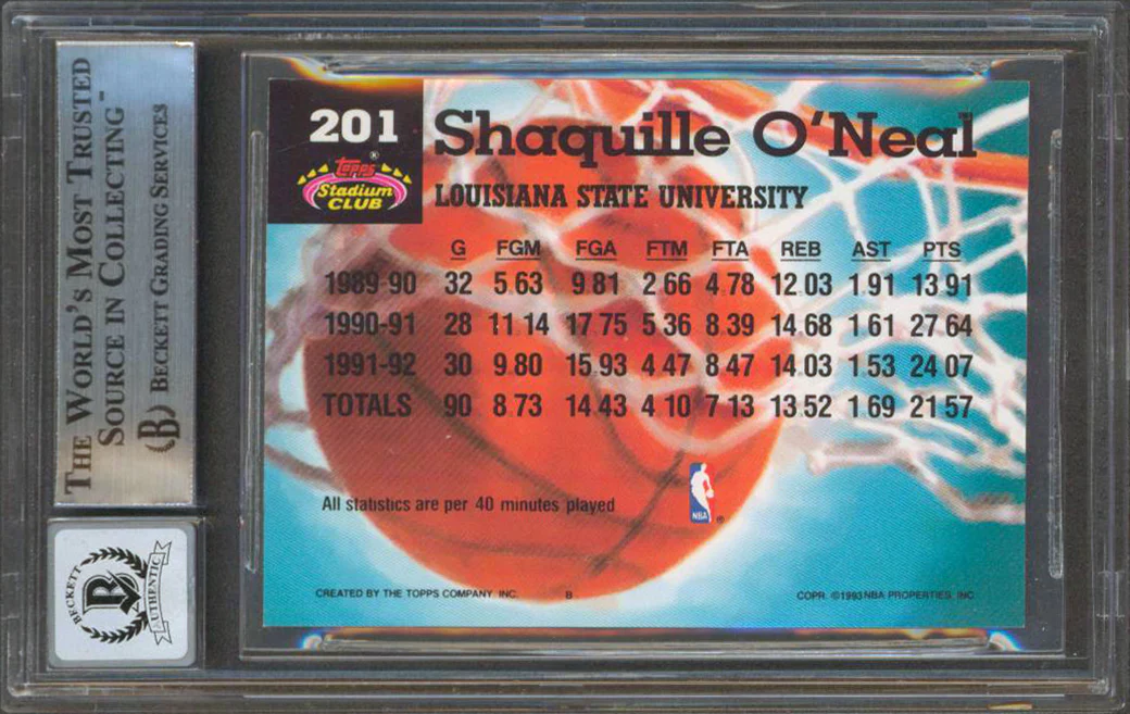 Shaquille O'Neal Signed 1992 Stadium Club #201 RC Card Auto Grade 10 BAS Slabbed - Image 3