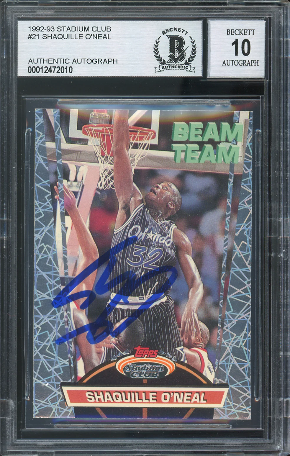 Shaquille O'Neal Signed 1992 Stadium Club Beam Team #21 RC Card Auto 10 BAS Slab - Image 2