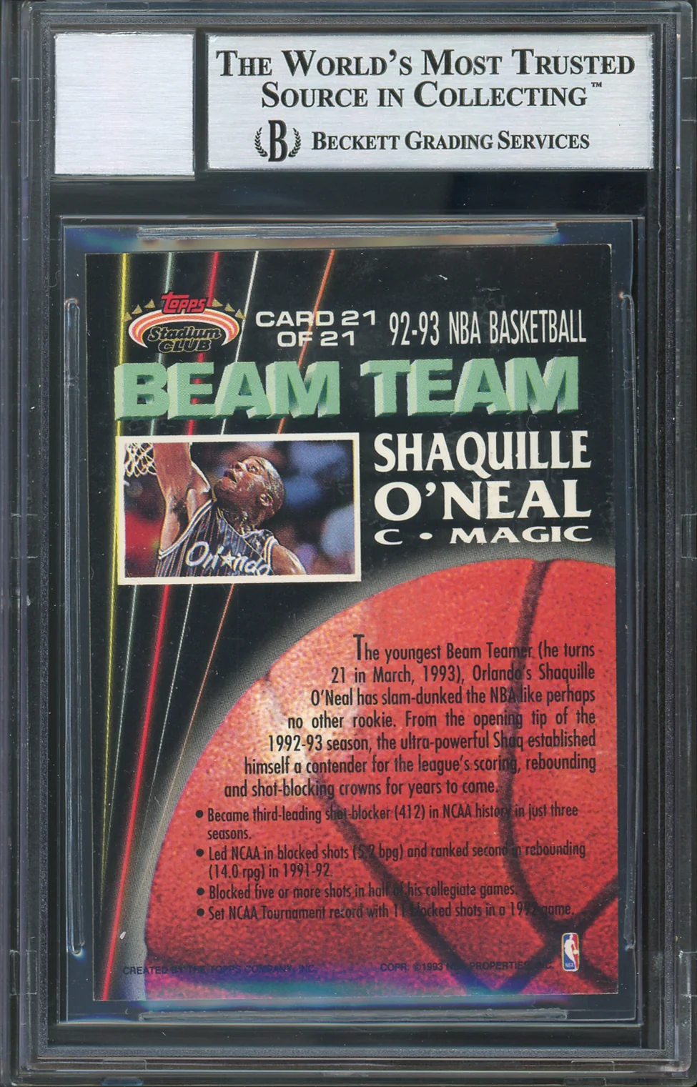 Shaquille O'Neal Signed 1992 Stadium Club Beam Team #21 RC Card Auto 10 BAS Slab - Image 3
