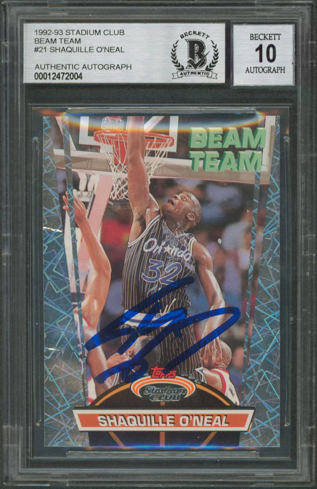 Shaquille O'Neal Signed 1992 Stadium Club Beam Team #21 RC Card Auto 10 BAS Slab - Image 2