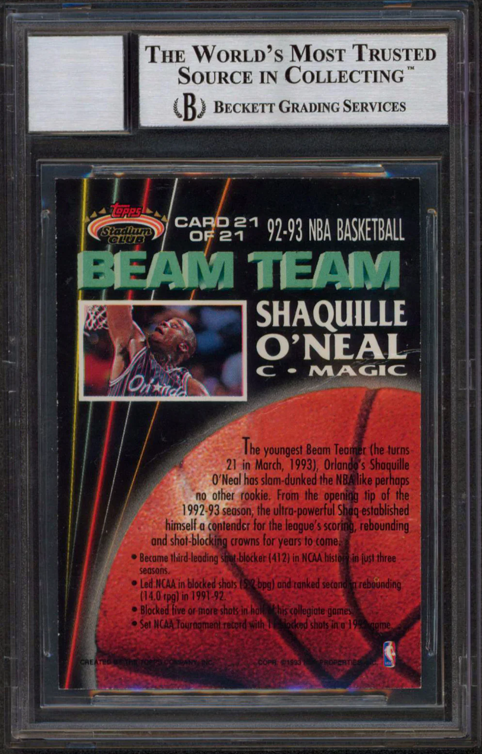 Shaquille O'Neal Signed 1992 Stadium Club Beam Team #21 RC Card Auto 10 BAS Slab - Image 3