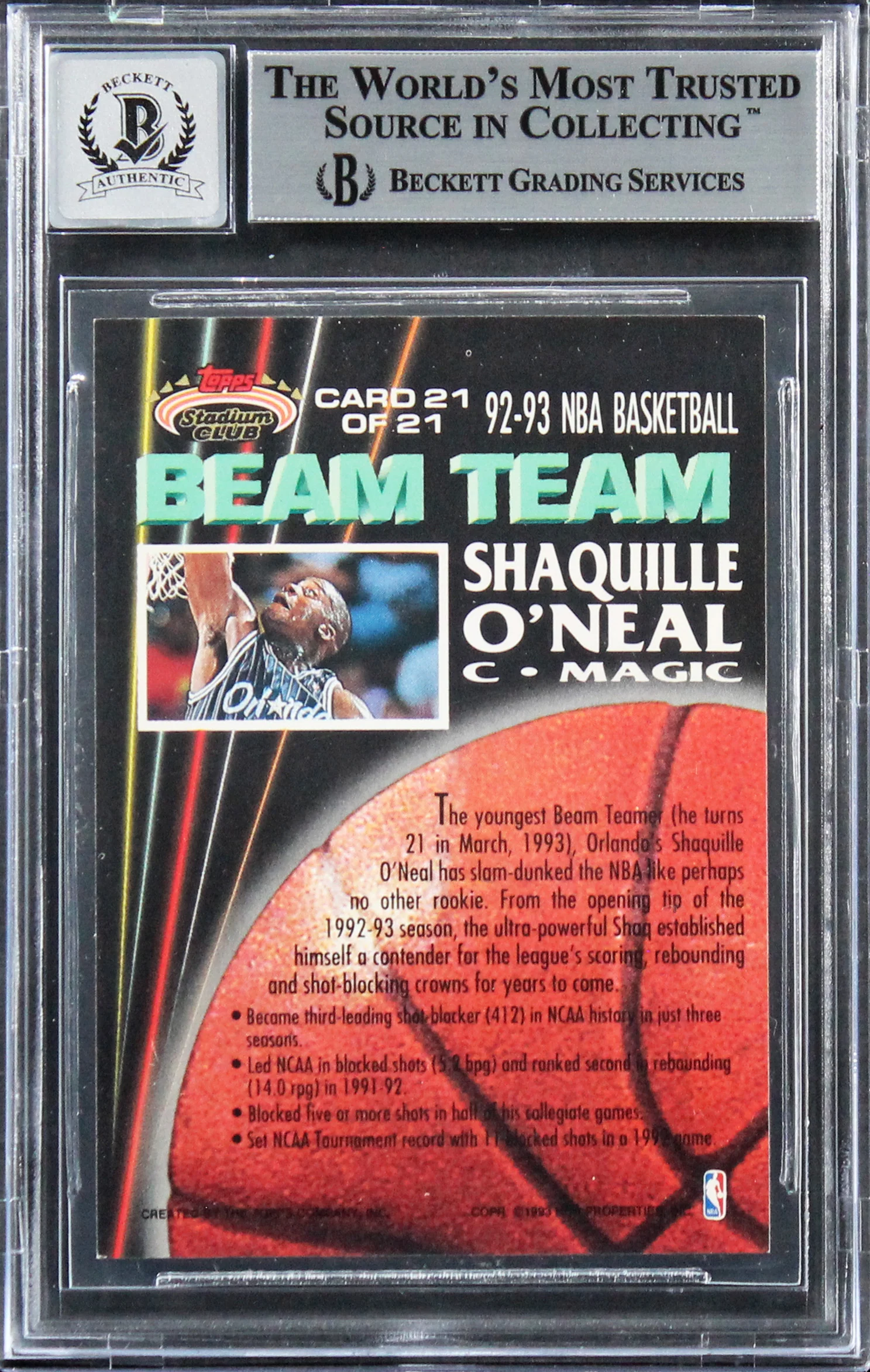 Shaquille O'Neal Signed 1992 Stadium Club Beam Team RC Auto Grade 10 BAS Slab 1 - Image 3