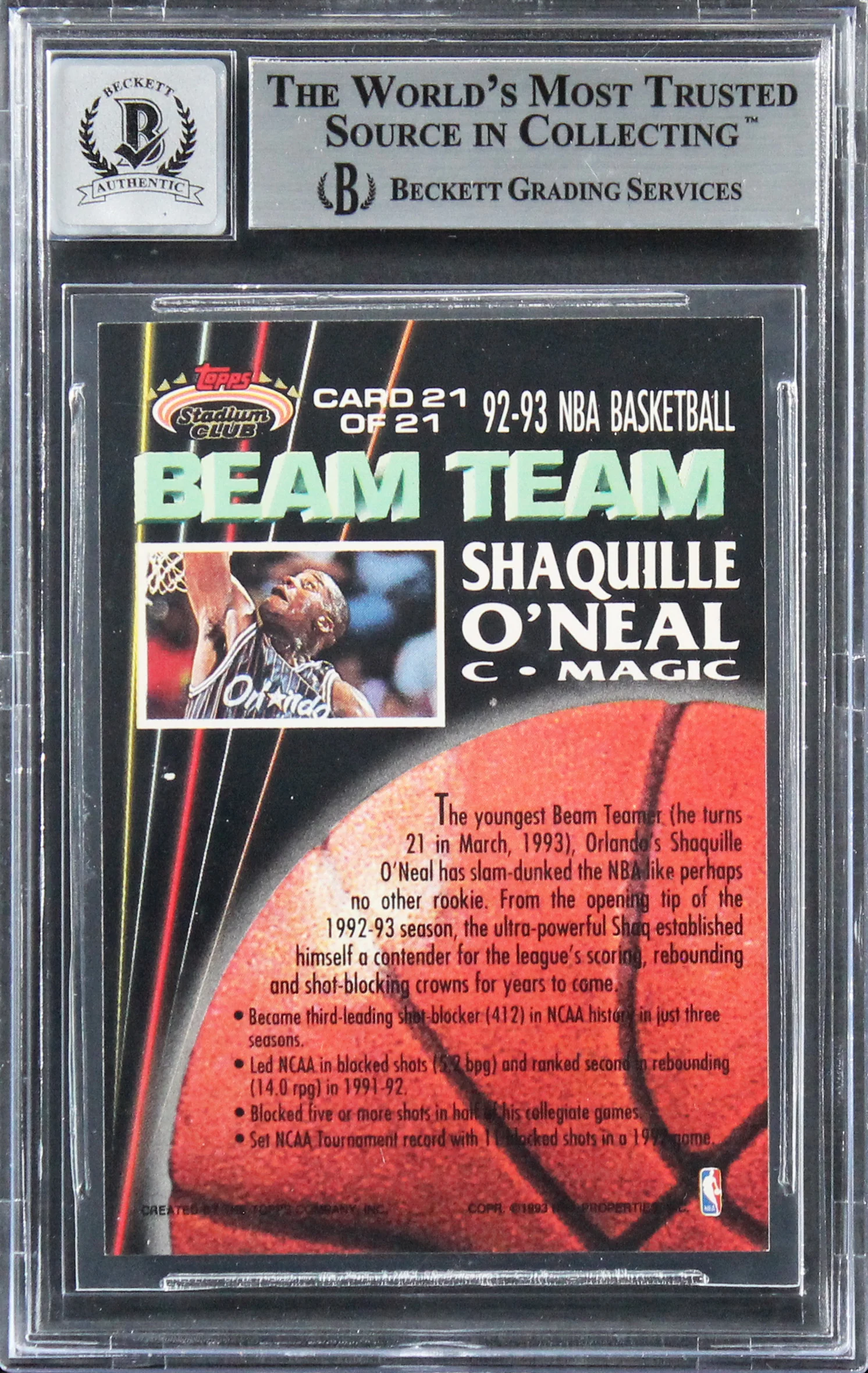 Shaquille O'Neal Signed 1992 Stadium Club Beam Team RC Auto Grade 10 BAS Slab 3 - Image 3