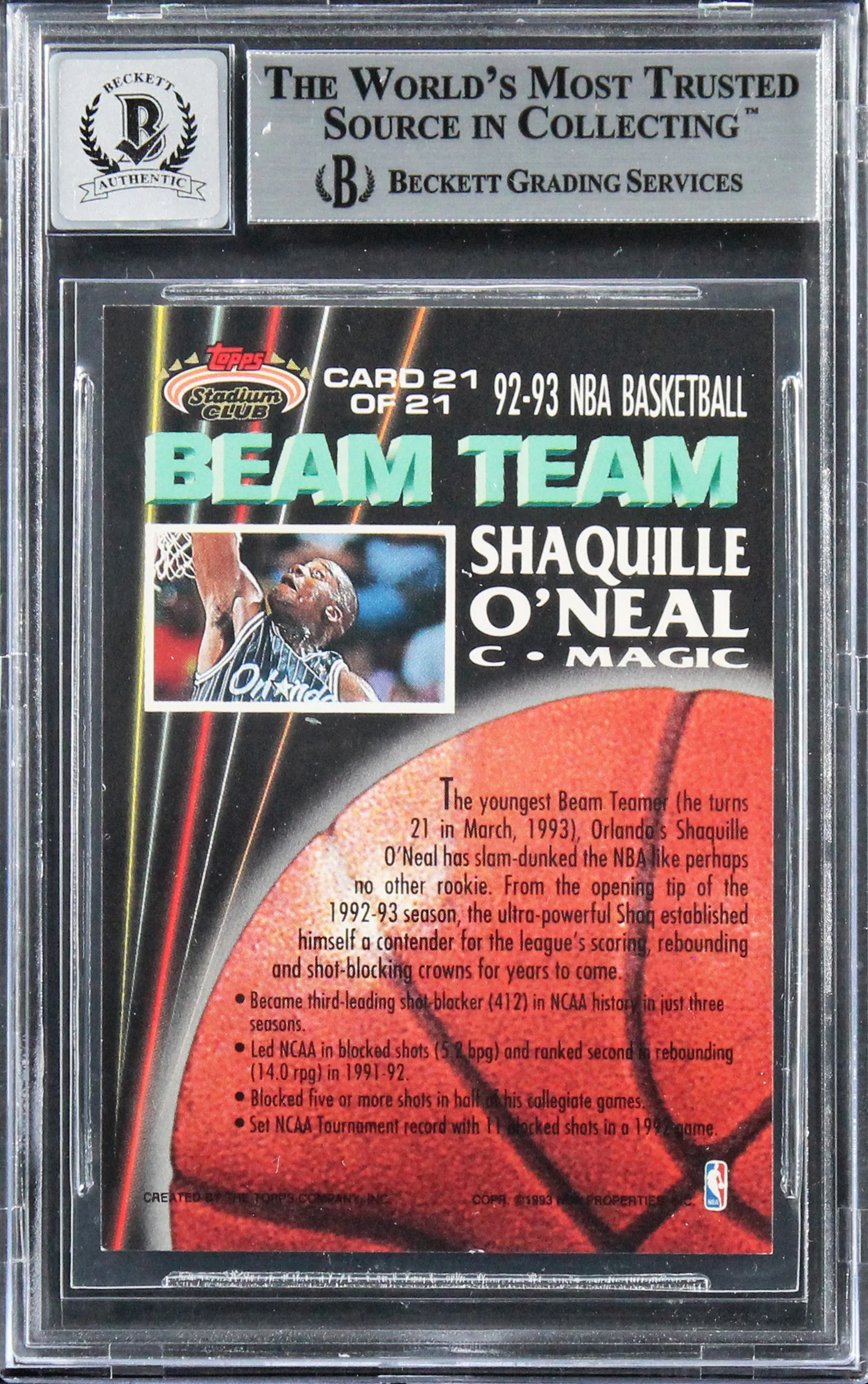 Shaquille O'Neal Signed 1992 Stadium Club Beam Team RC Auto Grade 10 BAS Slab 4 - Image 3