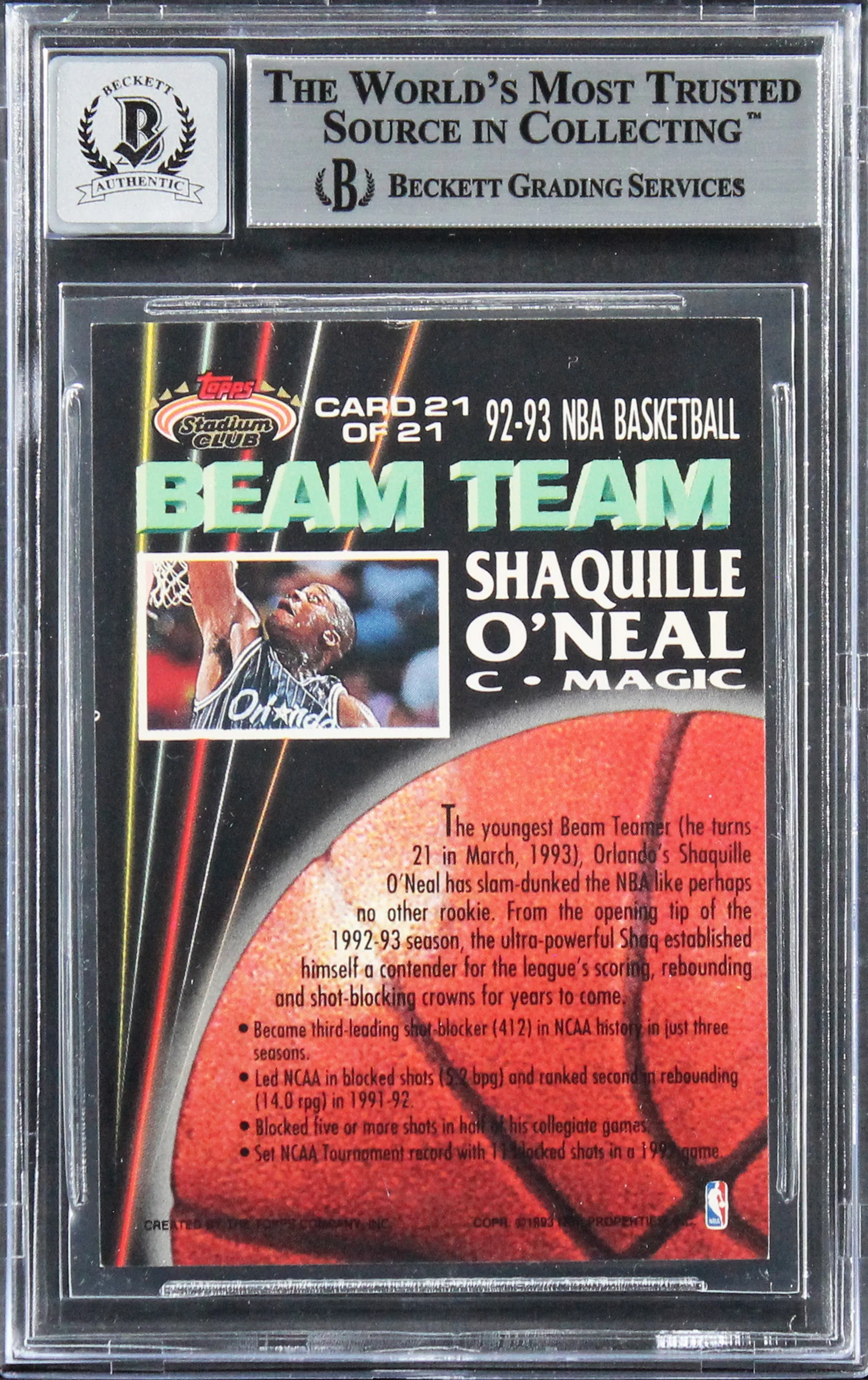 Shaquille O'Neal Signed 1992 Stadium Club Beam Team RC Auto Grade 10 BAS Slab 5 - Image 3