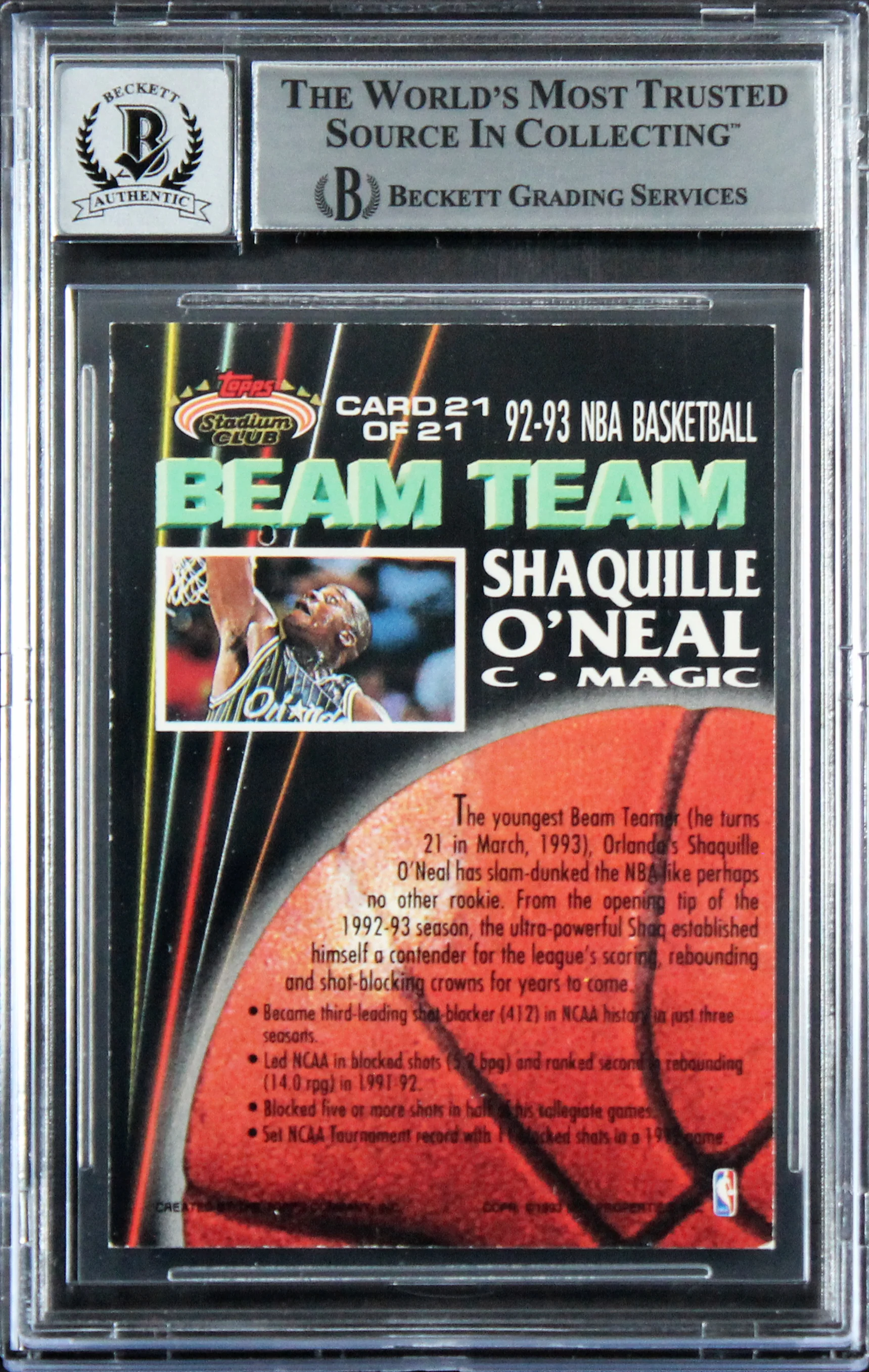 Shaquille O'Neal Signed 1992 Stadium Club Beam Team RC Auto Grade 10 BAS Slab 6 - Image 3