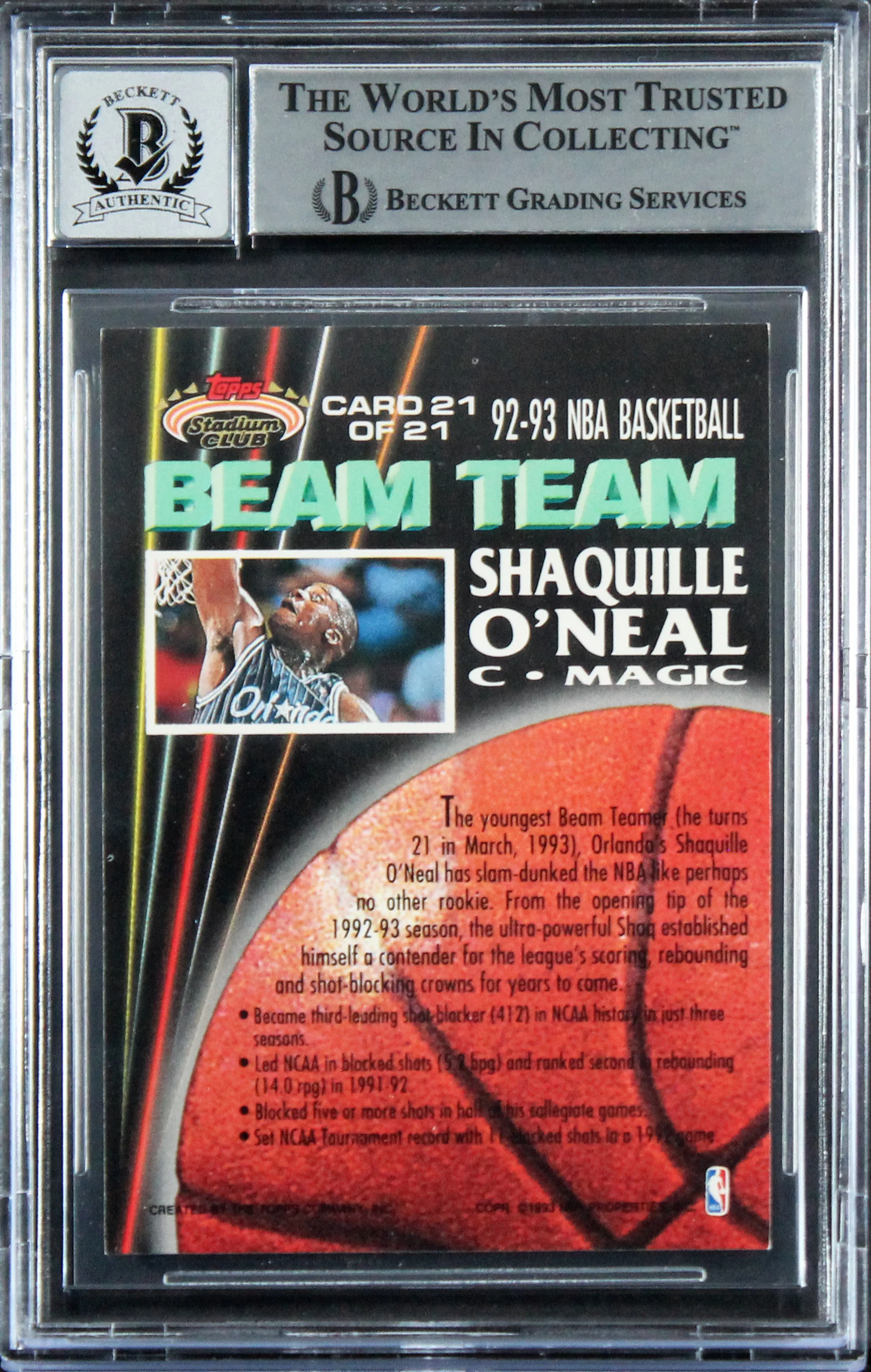 Shaquille O'Neal Signed 1992 Stadium Club Beam Team RC Auto Grade 10 BAS Slab 4 - Image 3