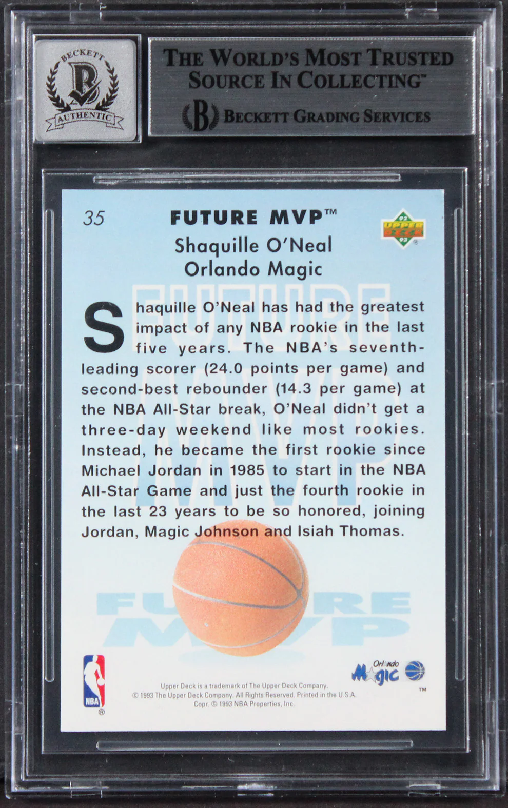 Shaquille O'Neal Signed 1992 Upper Deck MVP Holos #35 RC Card Auto 10! BAS Slab - Image 3