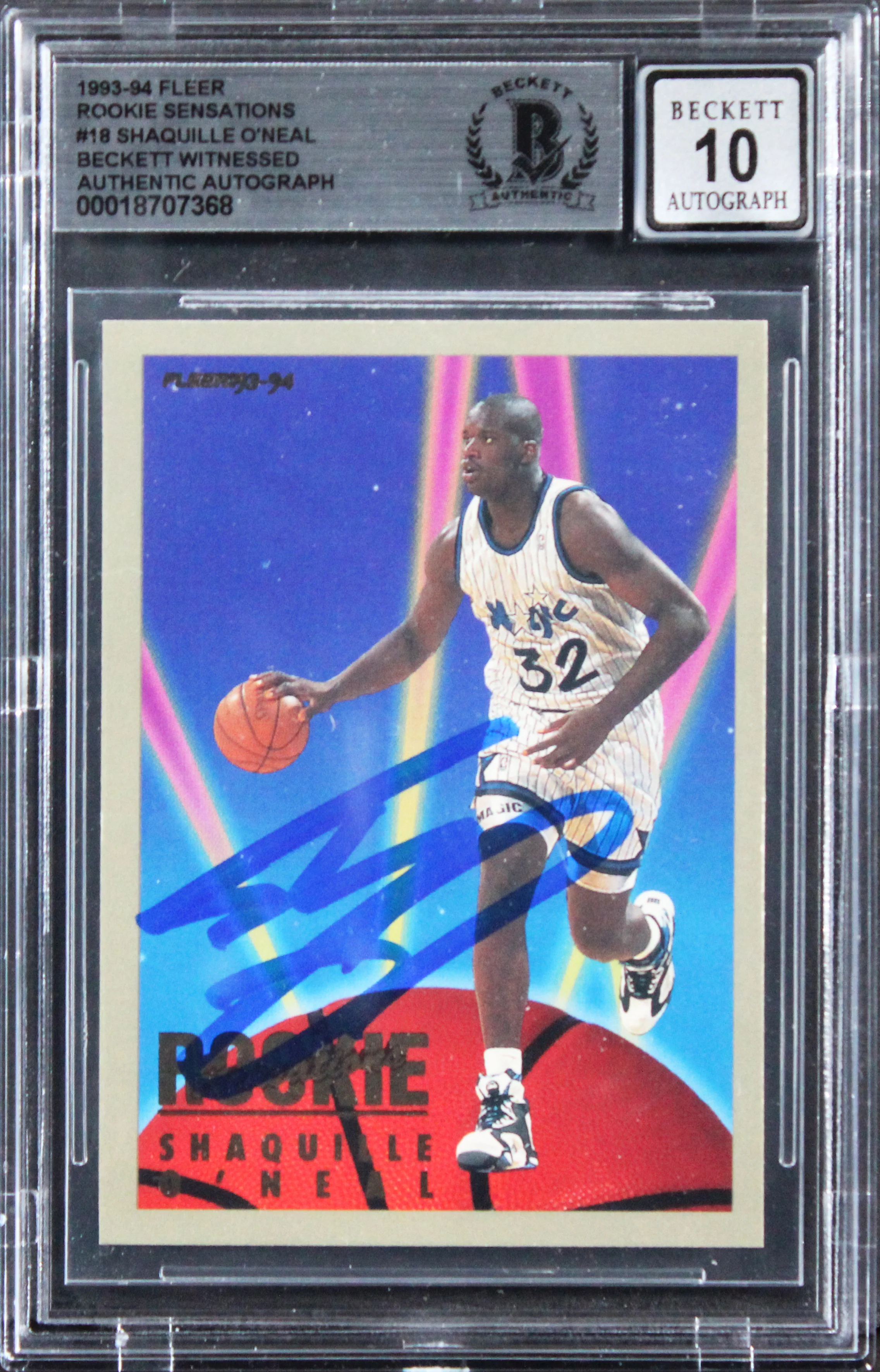 Shaquille O'Neal Signed 1993 Fleer Rookie Sens #18 RC Card Auto 10! BAS Slabbed - Image 2