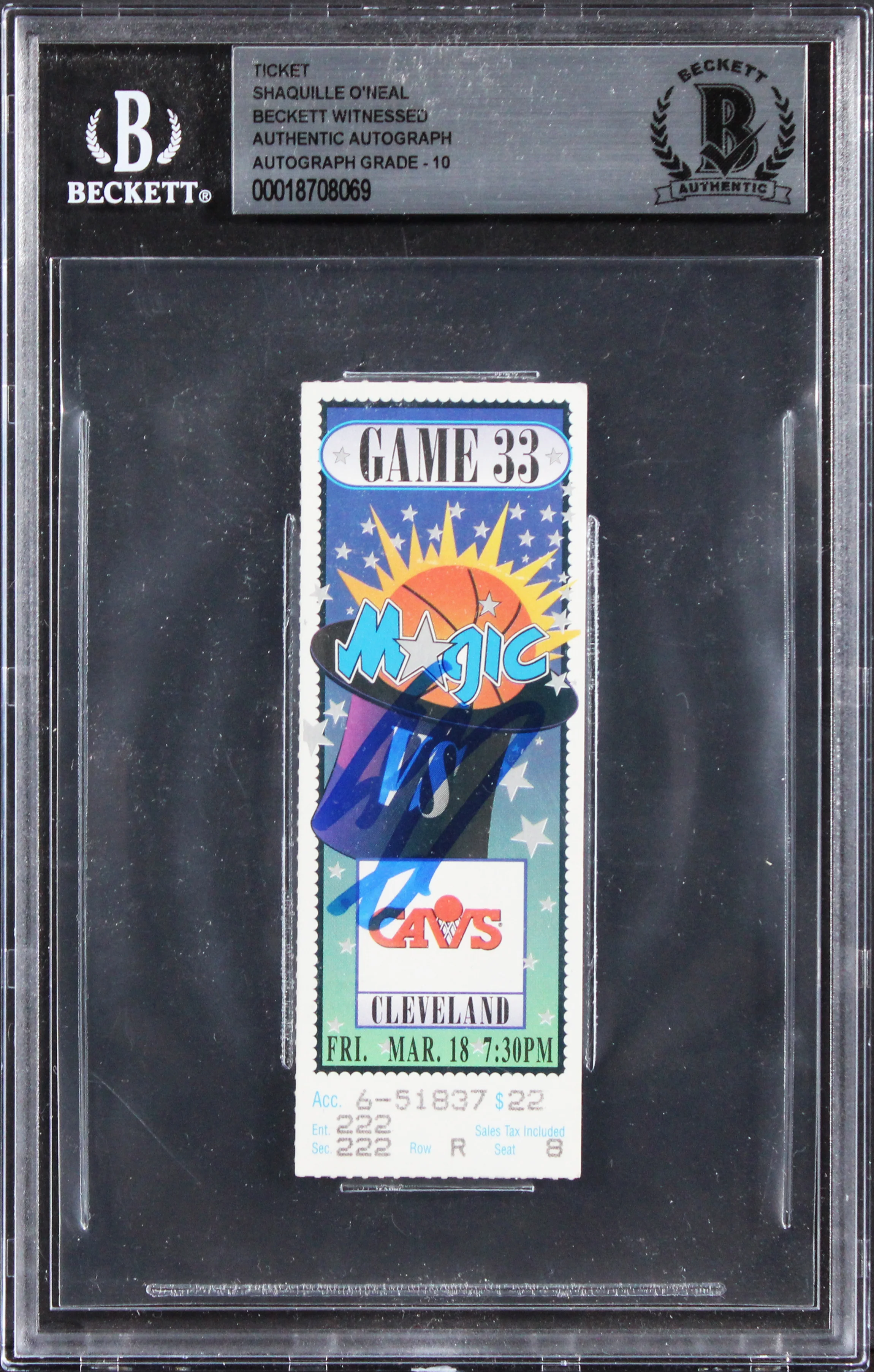 Shaquille O'Neal Signed 1993 Magic VS Cavs Ticket Stub Card Auto 10! BAS Slabbed - Image 2