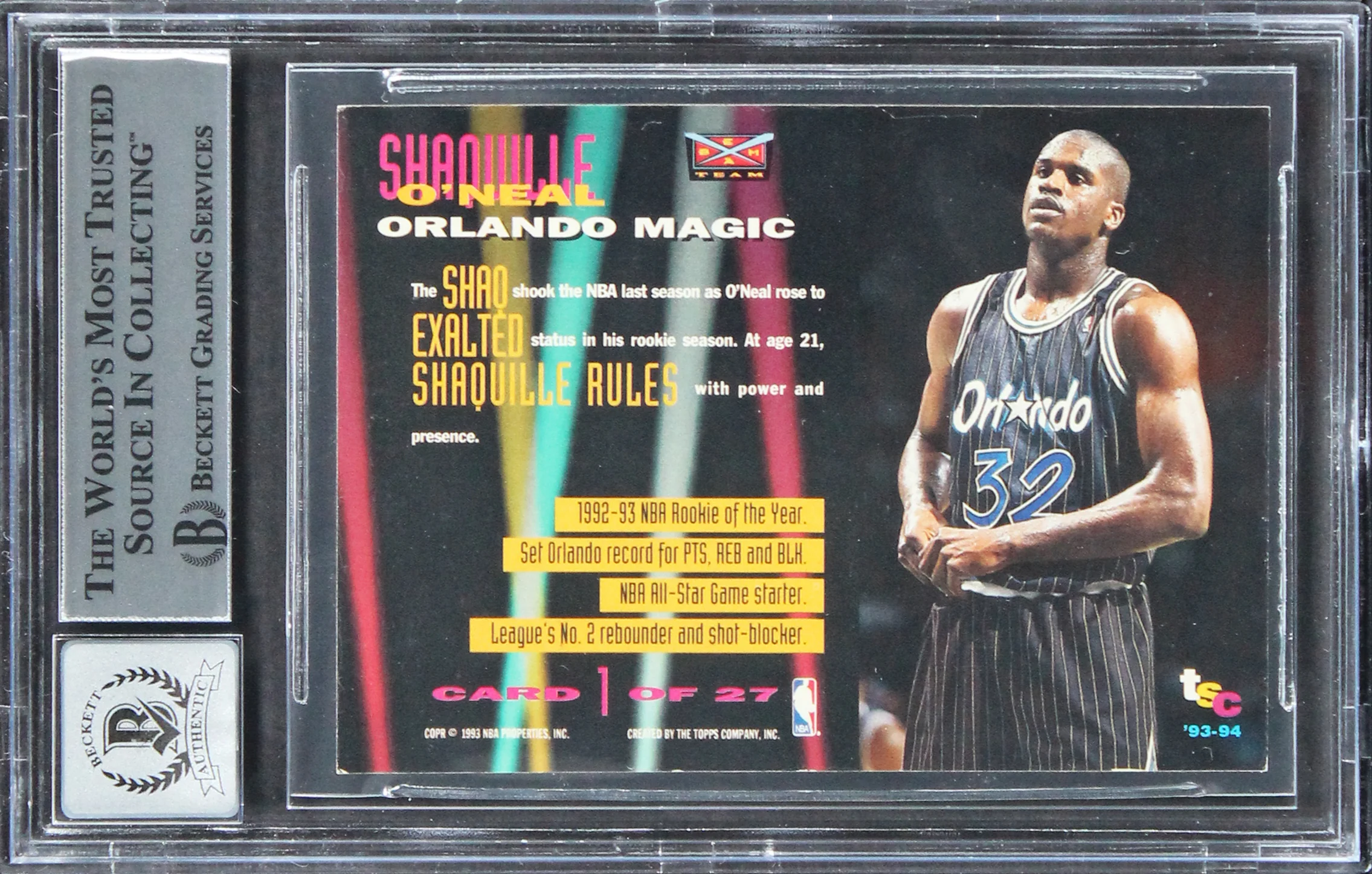Shaquille O'Neal Signed 1993 Stadium Club Beam Team #1 Card Auto 10! BAS Slabbed - Image 3