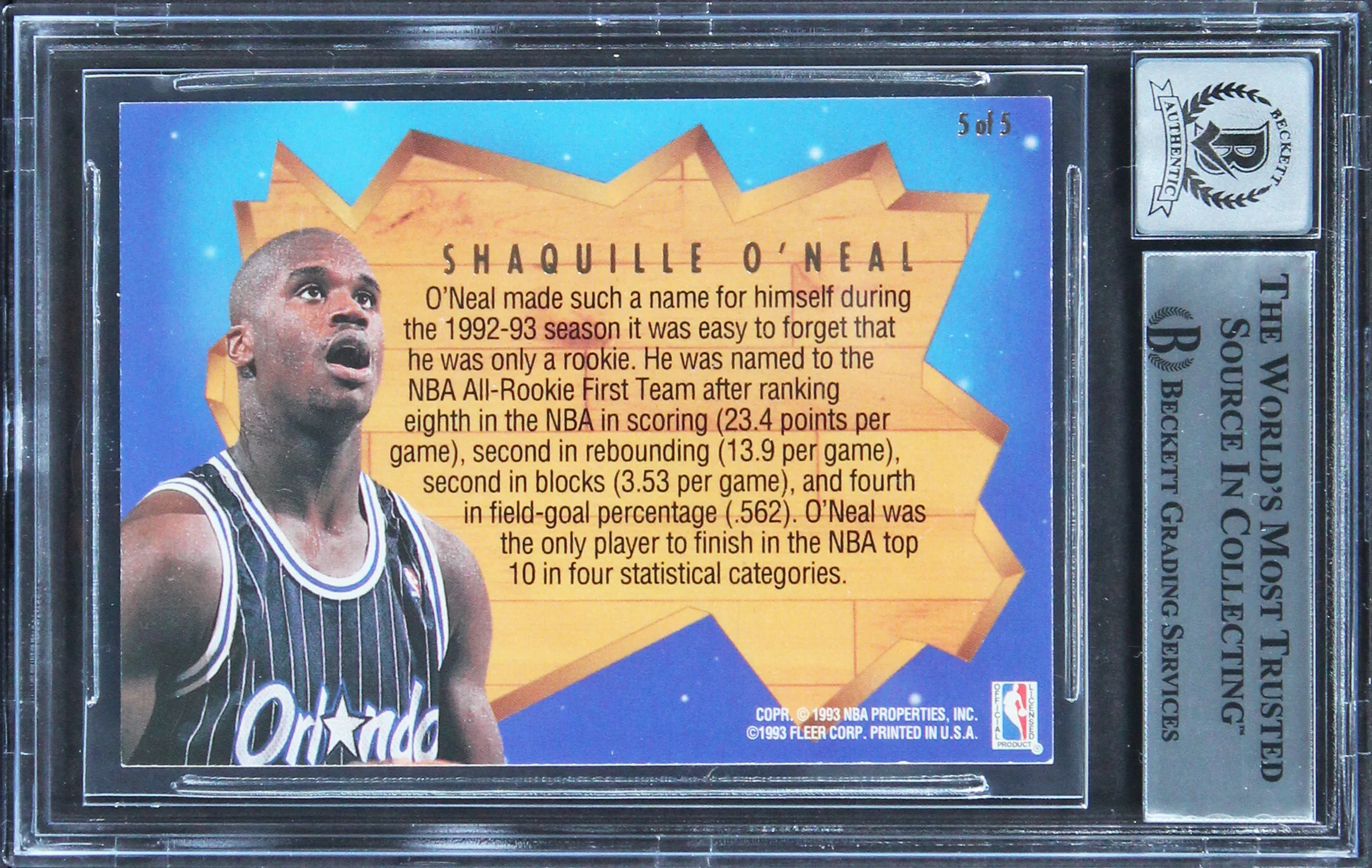 Shaquille O'Neal Signed 1993 Ultra All Rookie Team #5 Card Auto 10! BAS Slabbed - Image 3